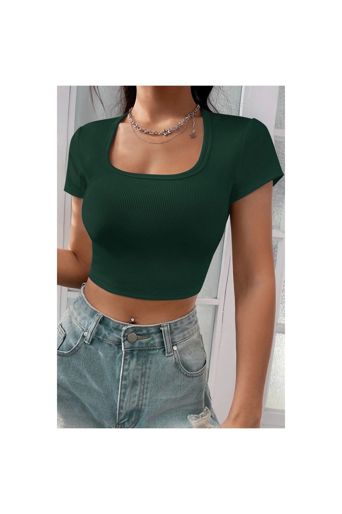 Marsilyan - Kadın Yeşil Yarım Kol Düz Yaka Crop Top Bluz