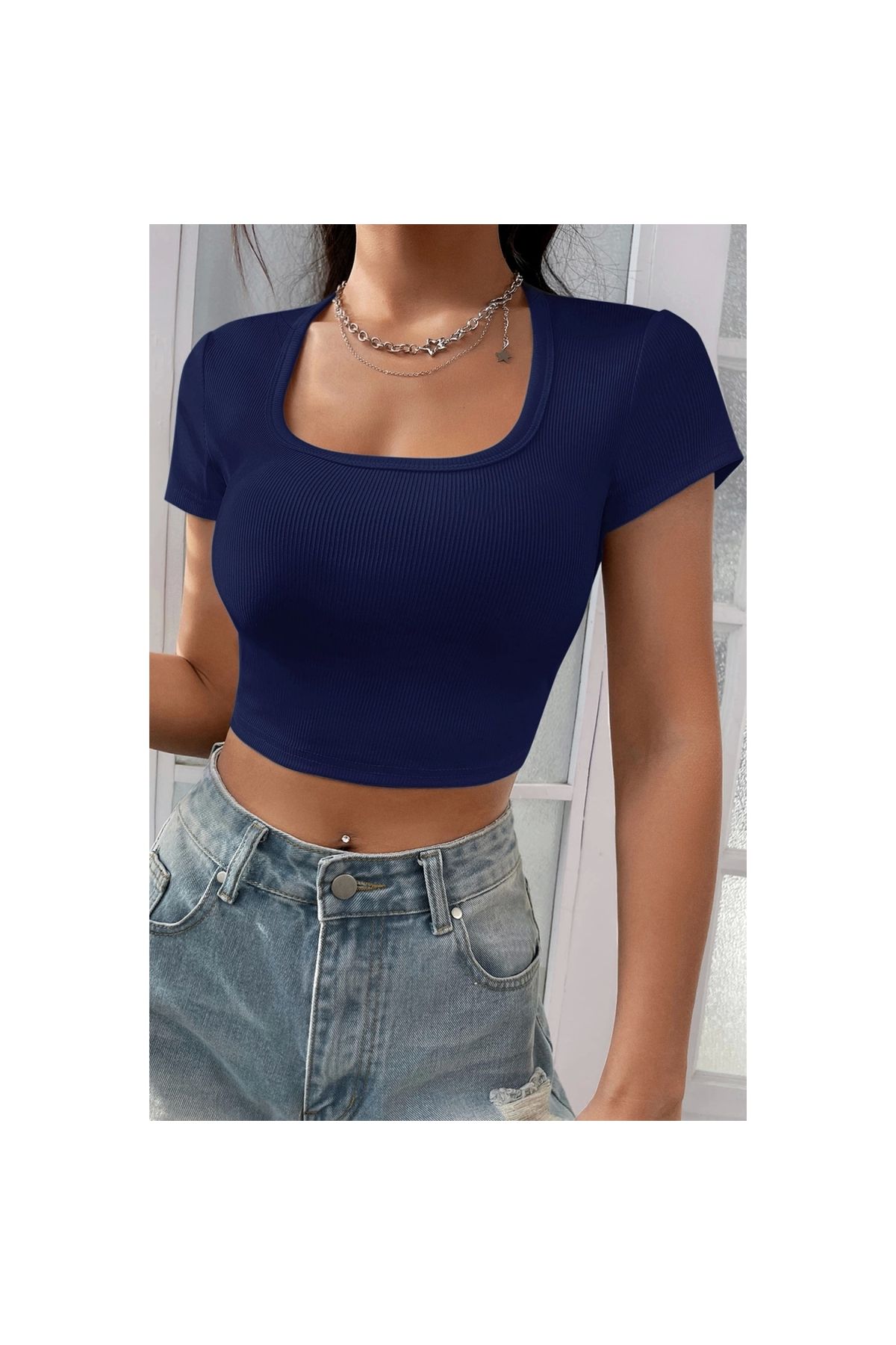 Marsilyan - Kadın Lacivert Yarım Kol Düz Yaka Crop Top Bluz