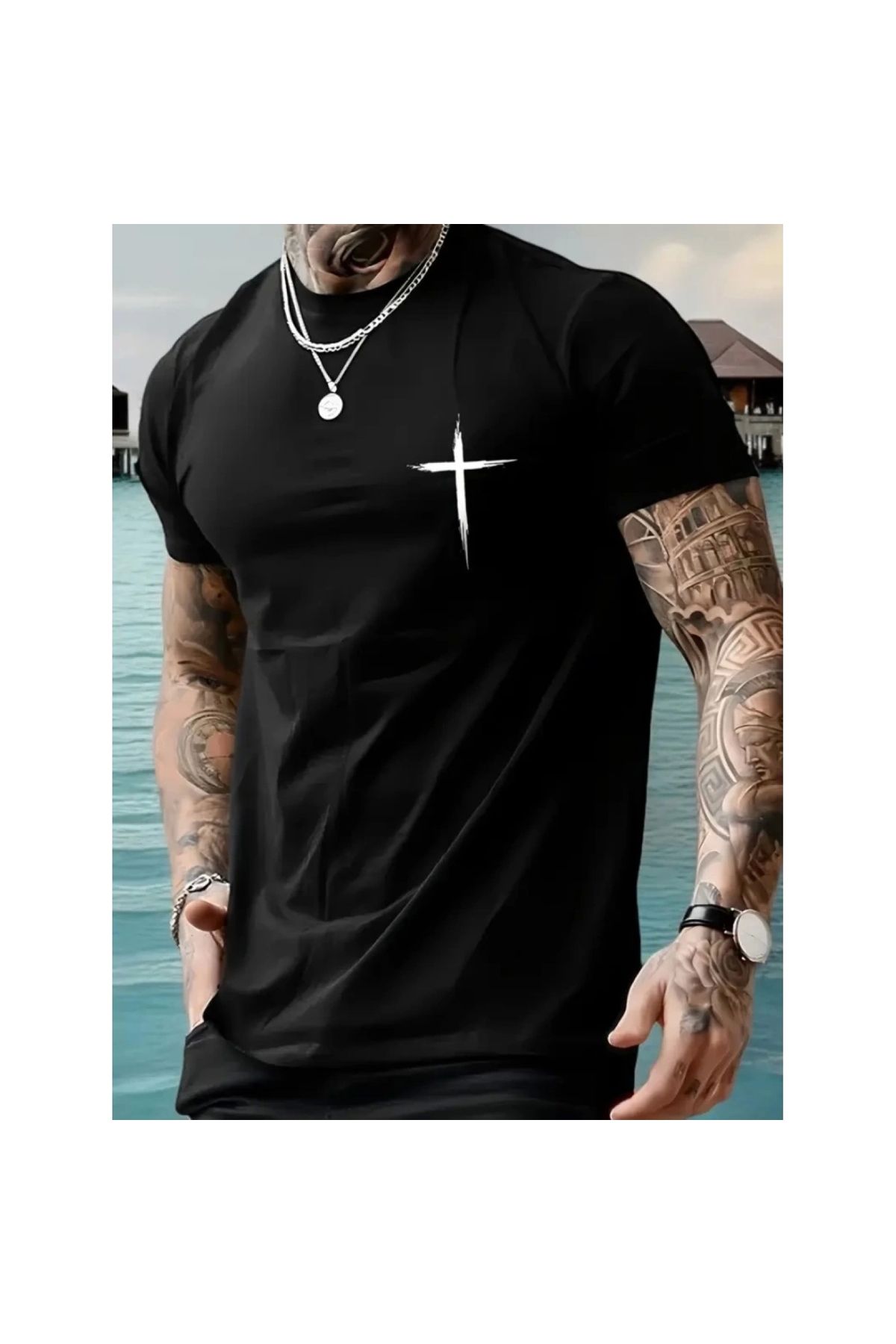 Marsilyan - Baskılı Oversize Bisiklet Yaka Tshirt
