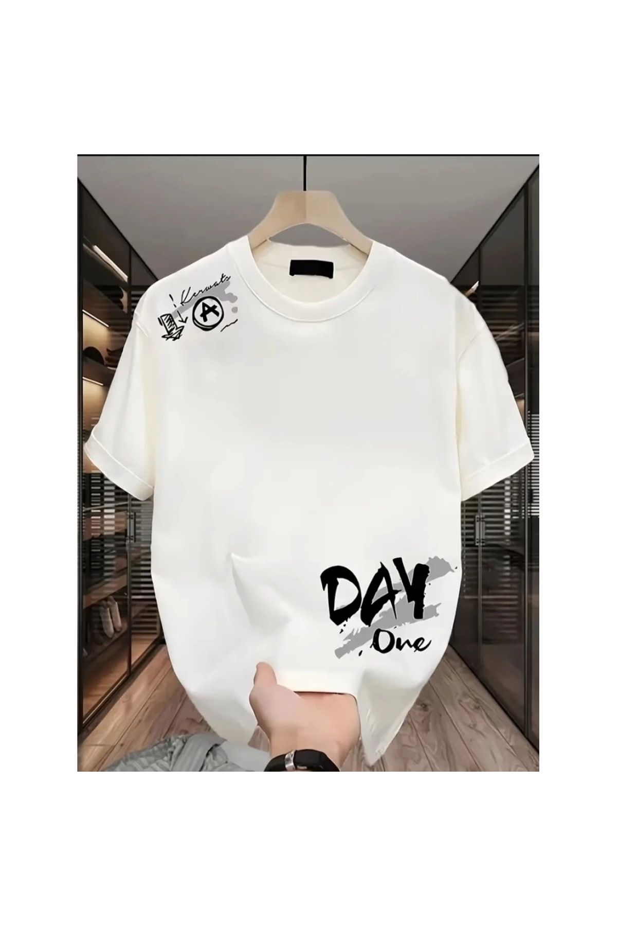 Marsilyan - Baskılı Oversize Bisiklet Yaka Tshirt