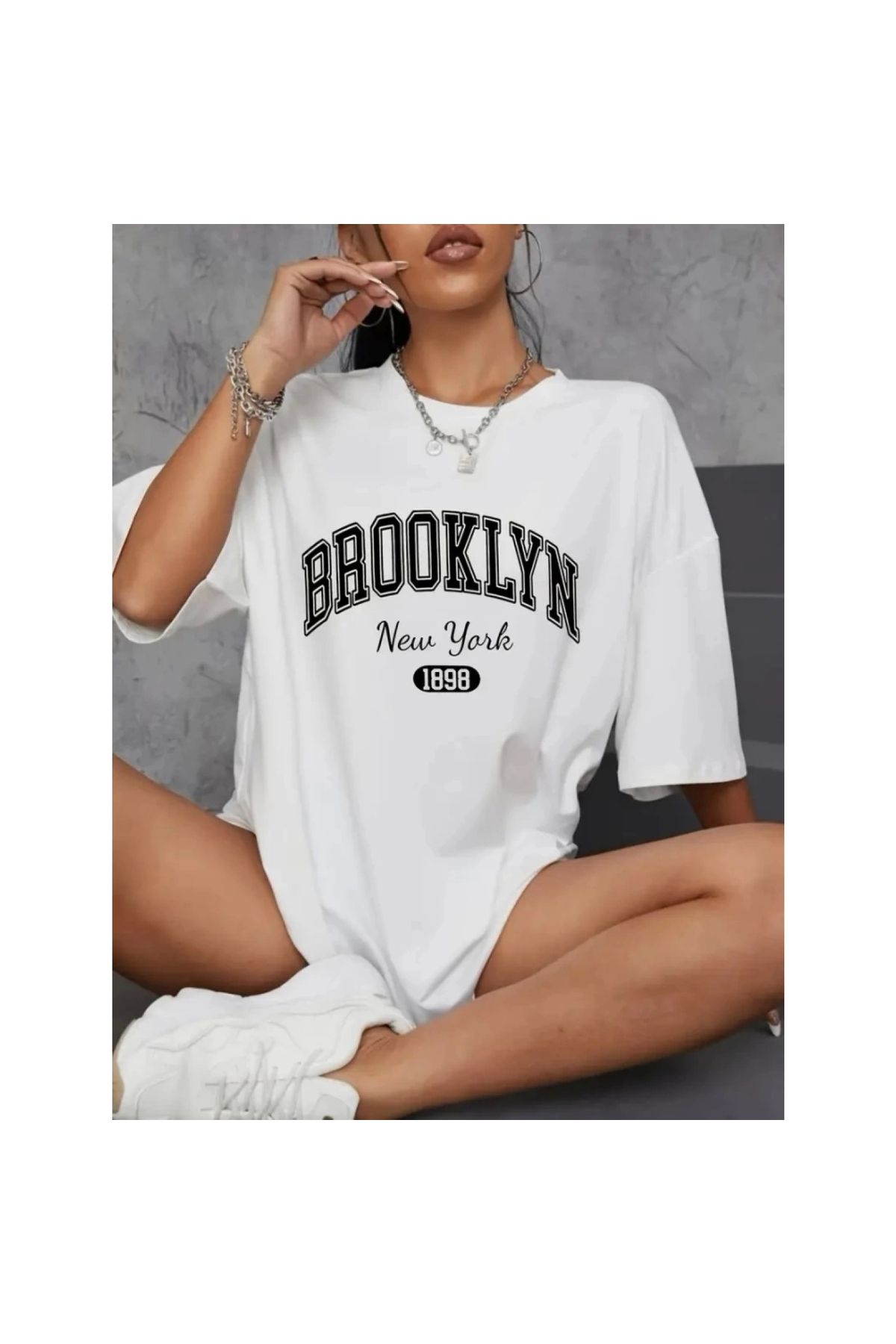Marsilyan - Baskılı Oversize Bisiklet Yaka Tshirt
