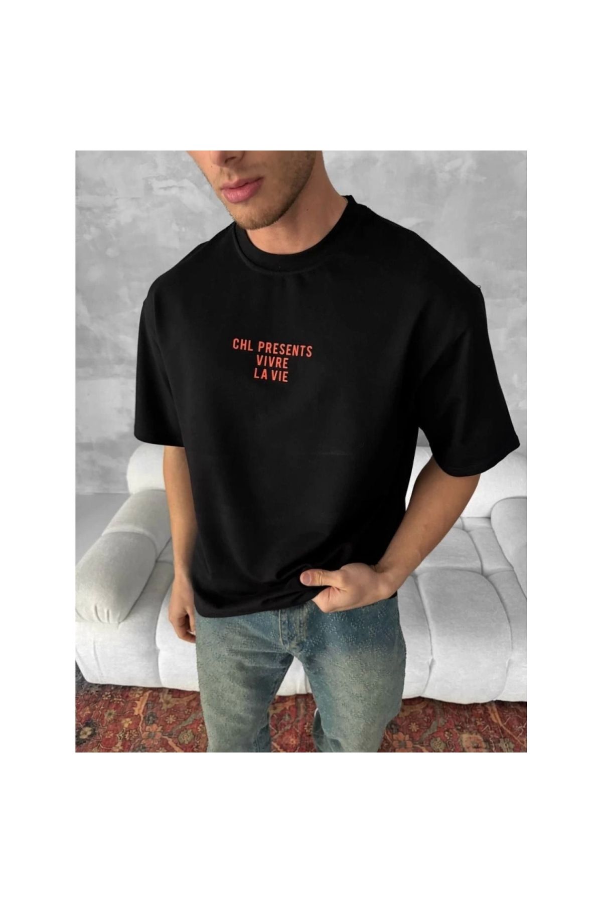 Marsilyan - Ön Ve Arka Baskılı Oversize Bisiklet Yaka Tshirt