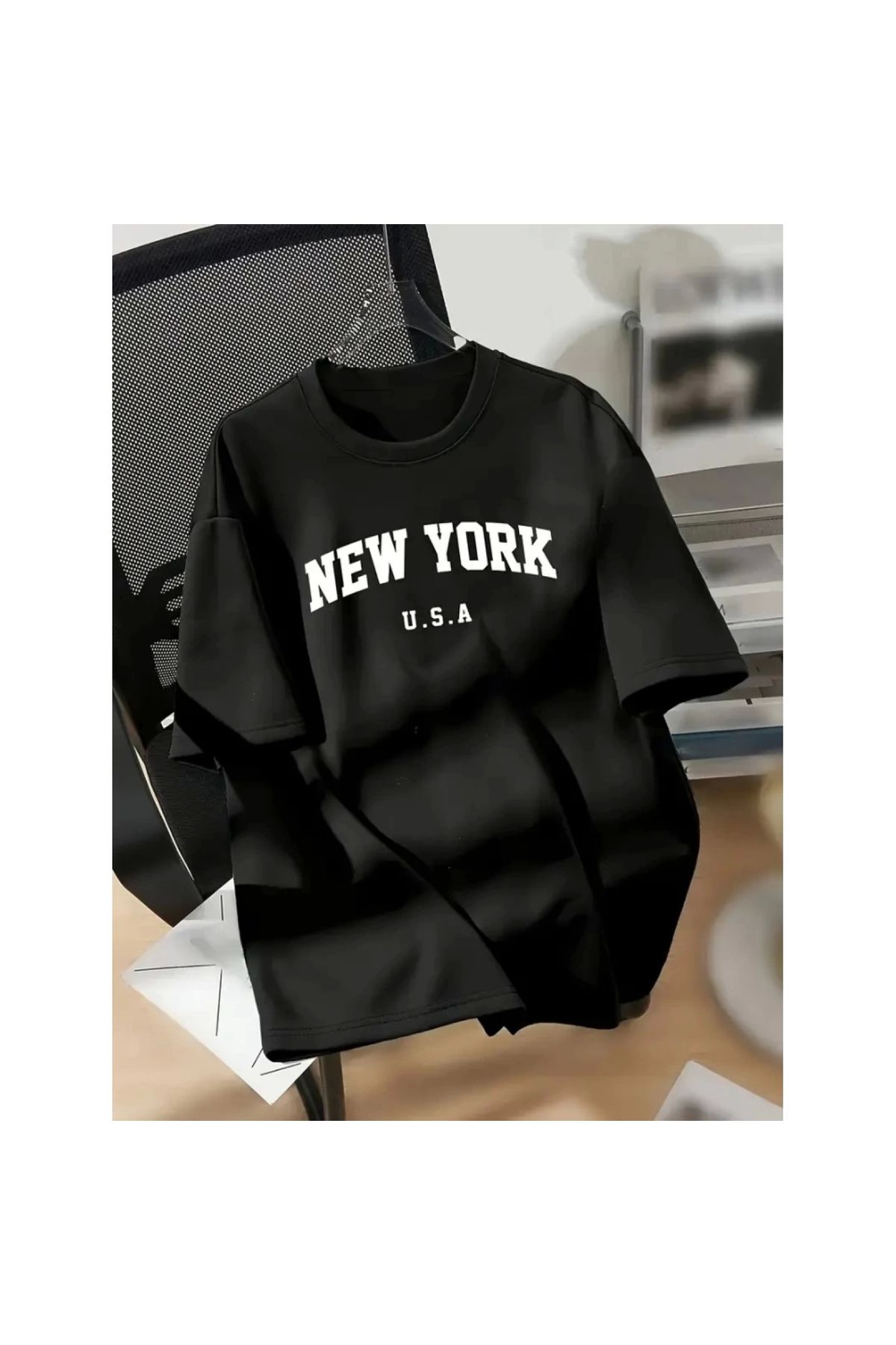 Marsilyan - New York Baskılı Oversize Bisiklet Yaka Tshirt