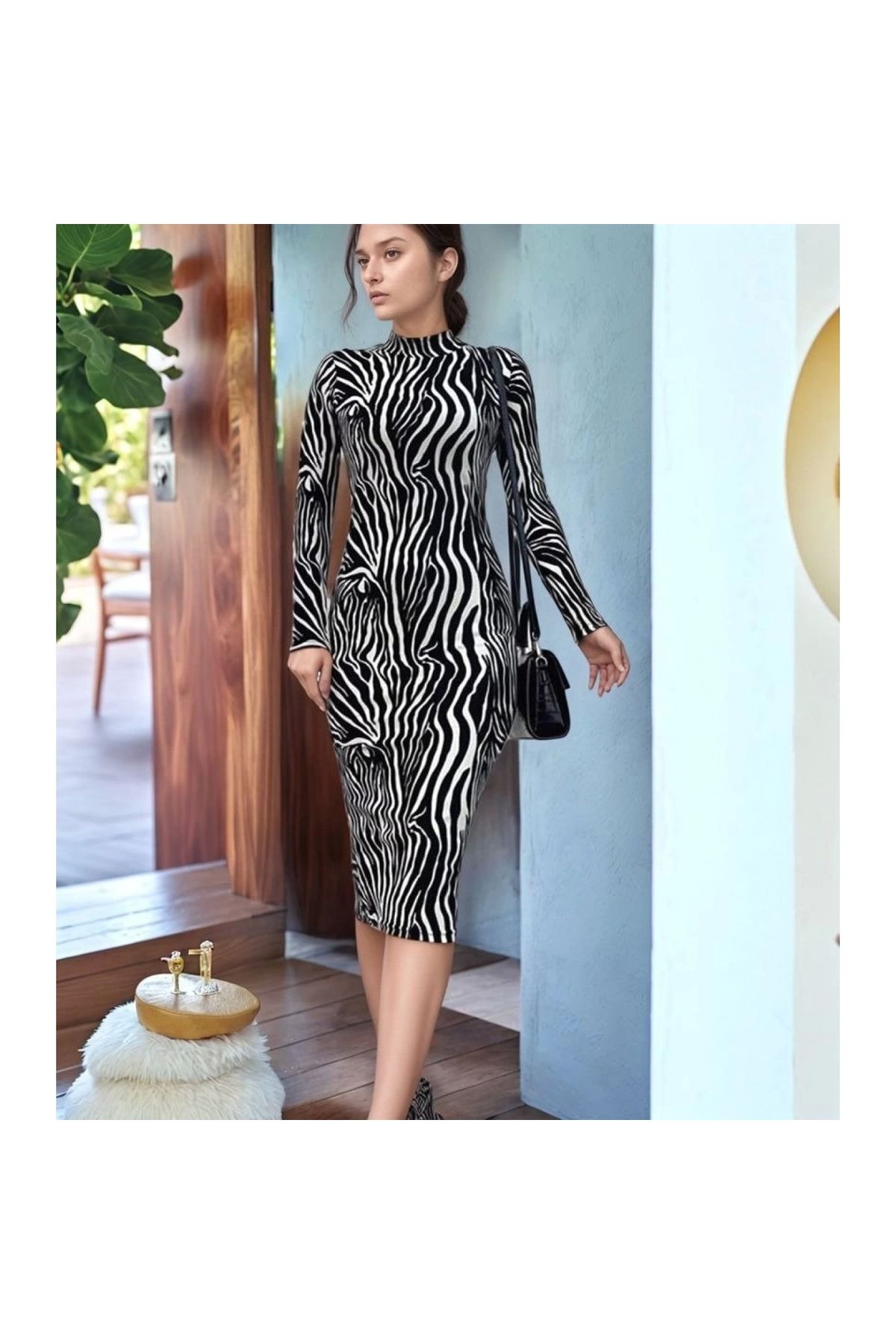 Marsilyan - Kadın Zebra Desen Süet Kumaş Fırsat ürün Midi Boy Elbise