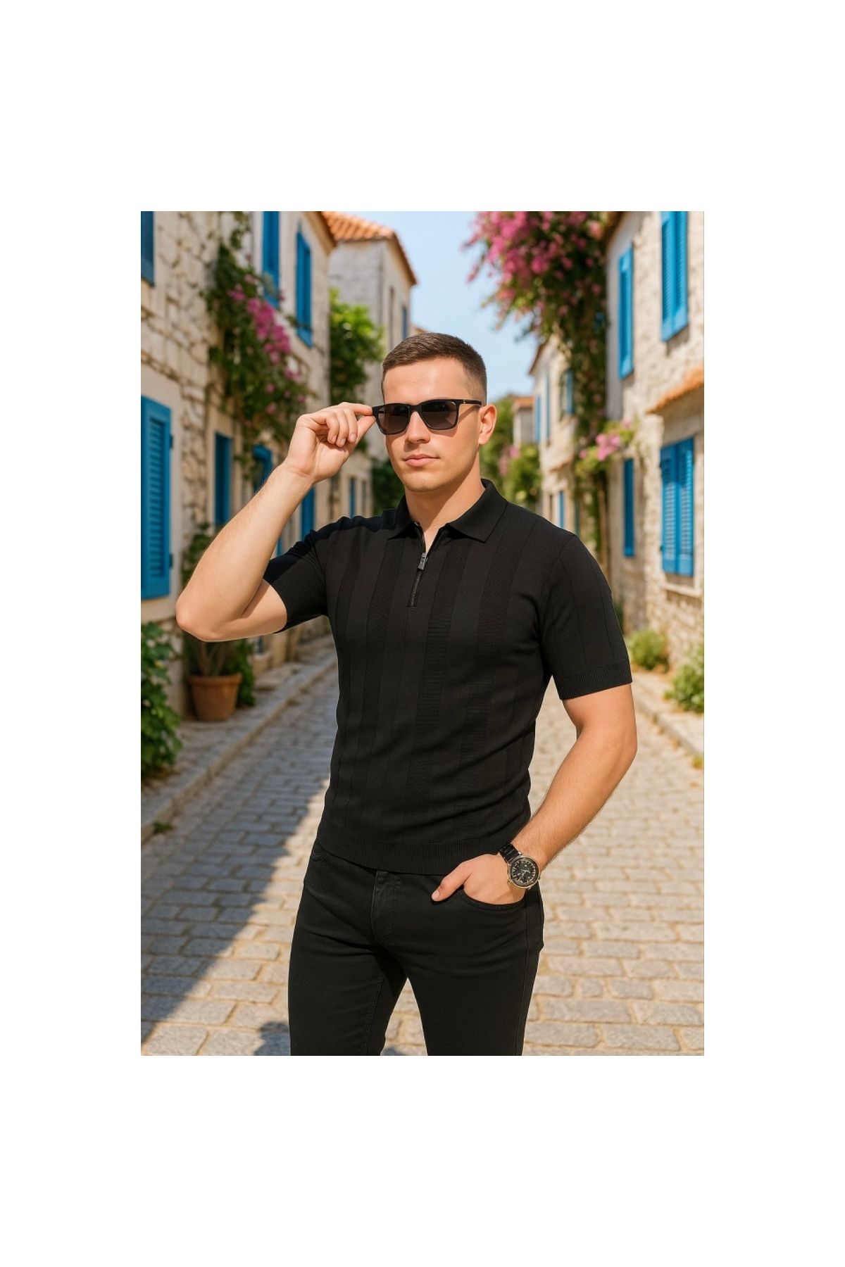 Marsilyan - Triko Dokuma Yarım Fermuarlı Yakalı Tshirt