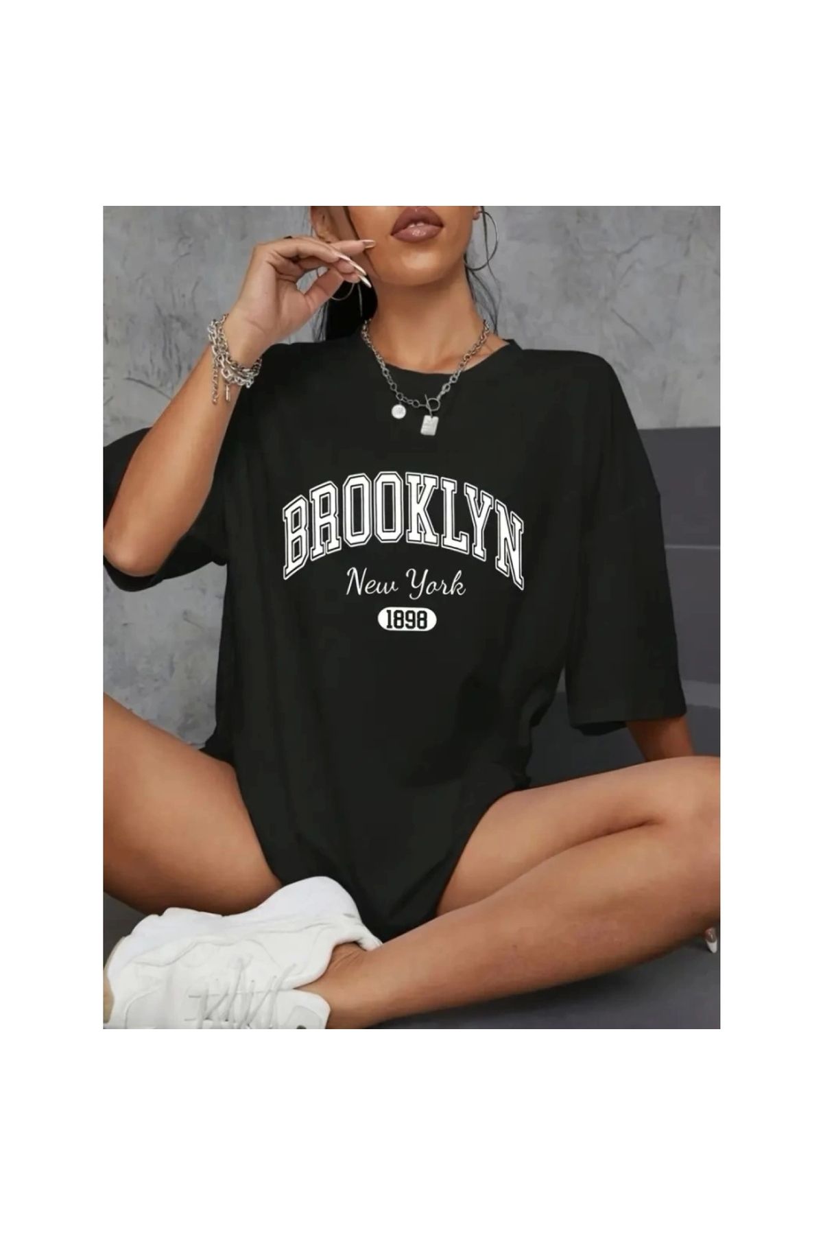 Marsilyan - Baskılı Oversize Bisiklet Yaka Tshirt