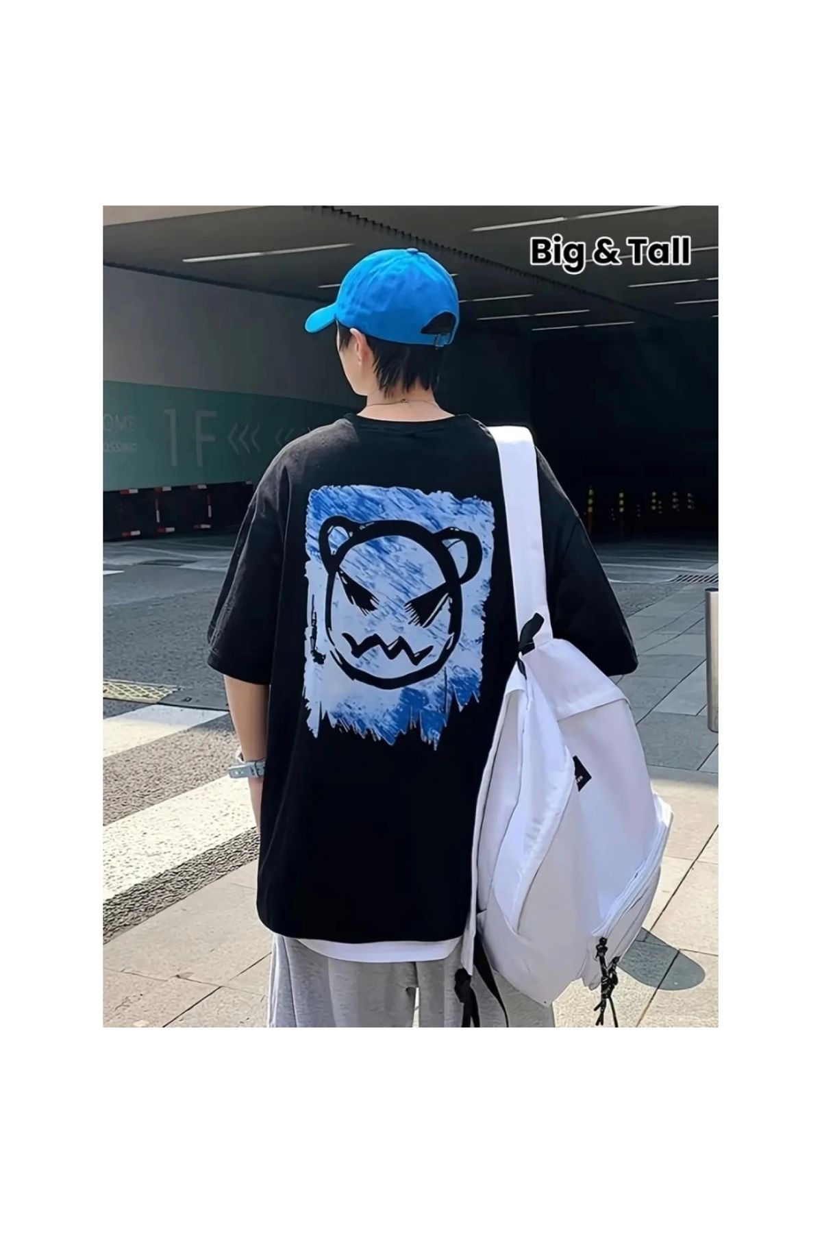 Marsilyan - Baskılı Oversize Bisiklet Yaka Tshirt