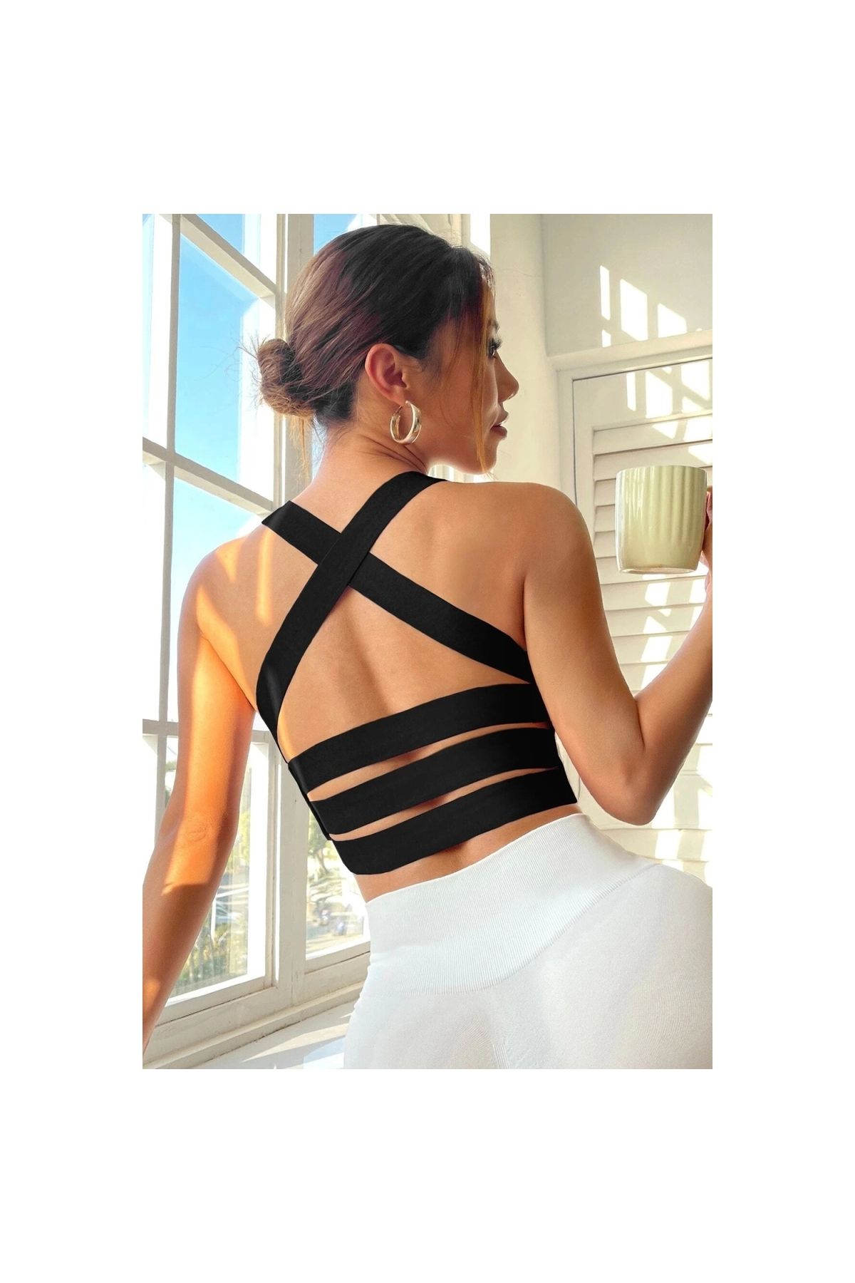 Marsilyan - Kadın Siyah Sırtı Çapraz Lastik Detaylı Crop Top Bluz