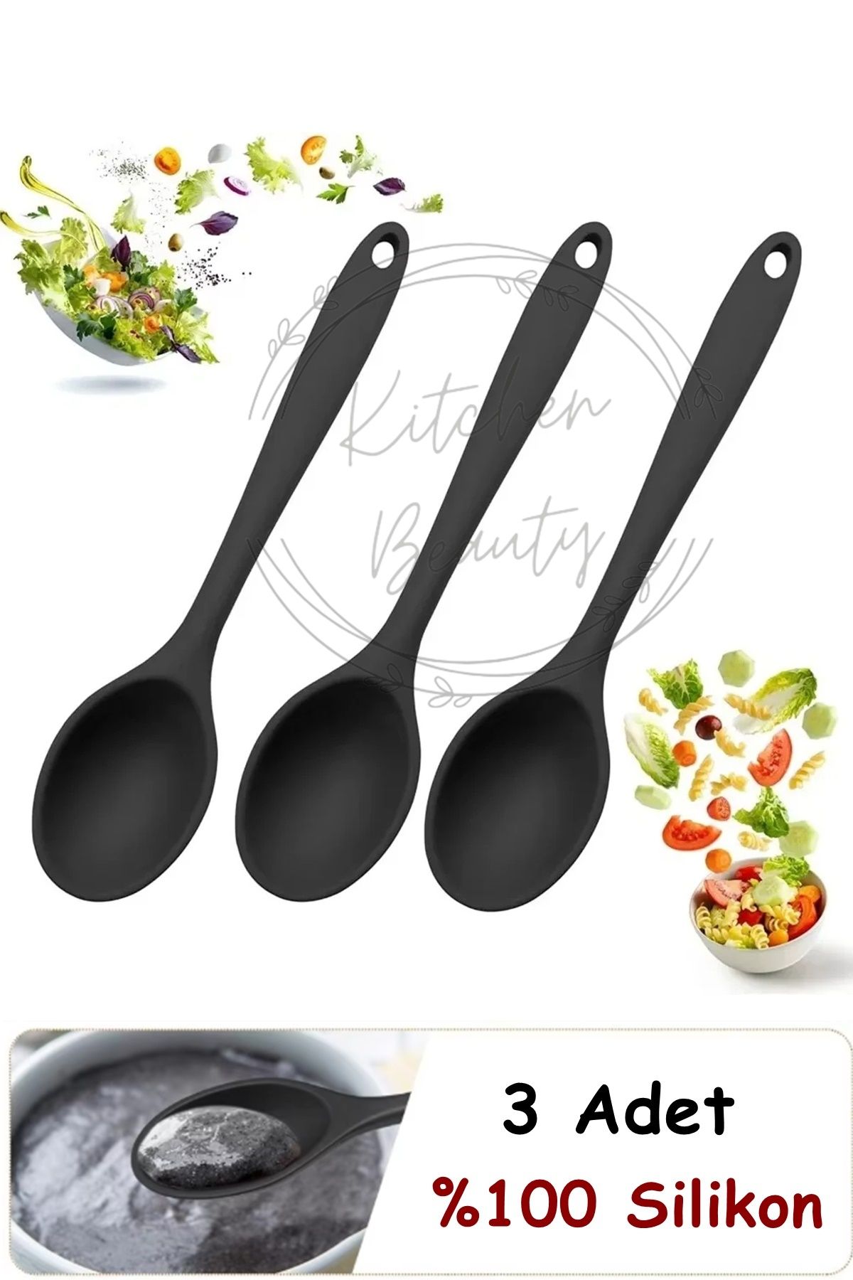 Kitchen Beauty 3 Adet Isıya Dayanıklı Yanmaz Yapışmaz 28 Cm Silikon Yemek Kaşık Seti