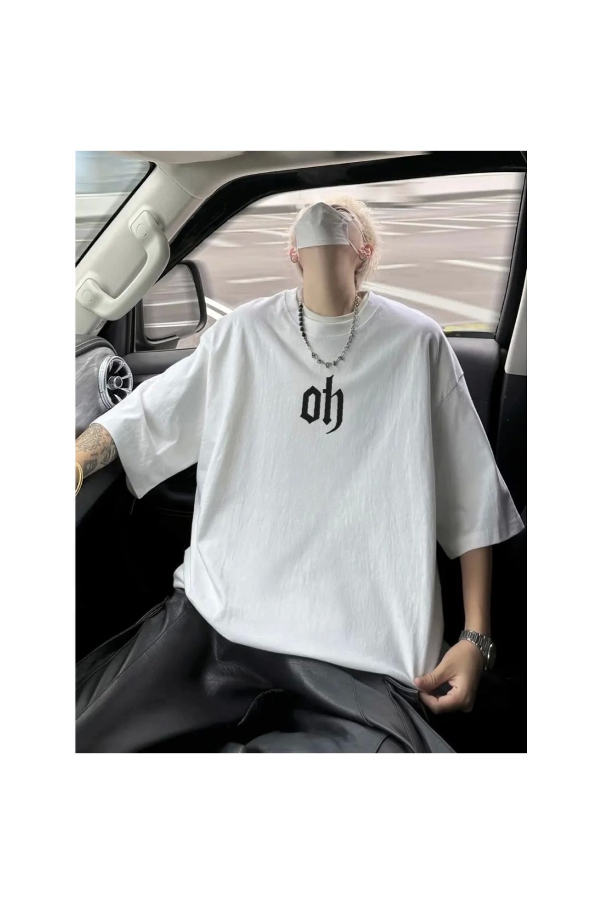 Marsilyan - Baskılı Oversize Bisiklet Yaka Tshirt