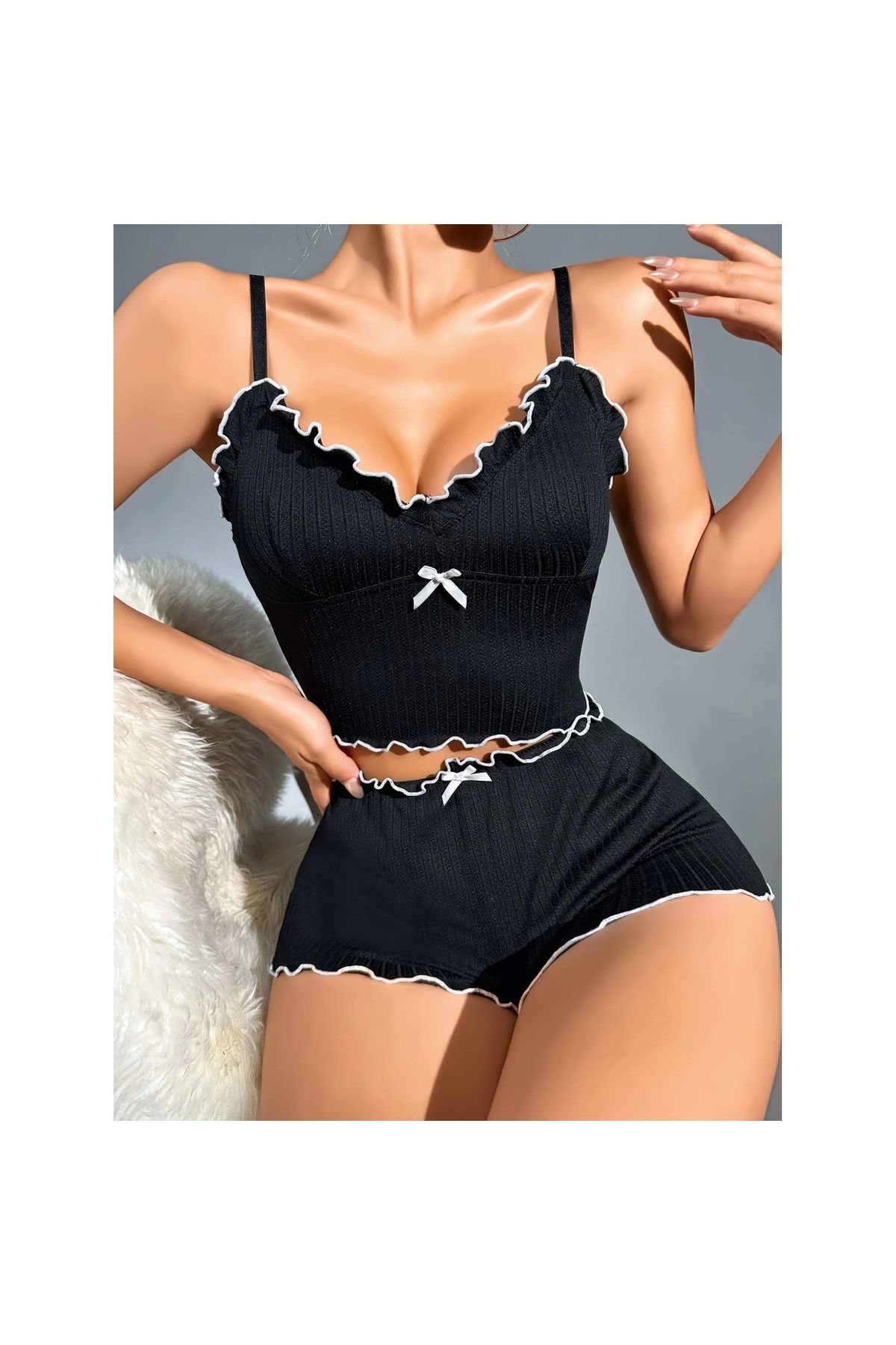 Marsilyan Kadın Siyah Fitilli Askılı Şortlu Pijama Takım