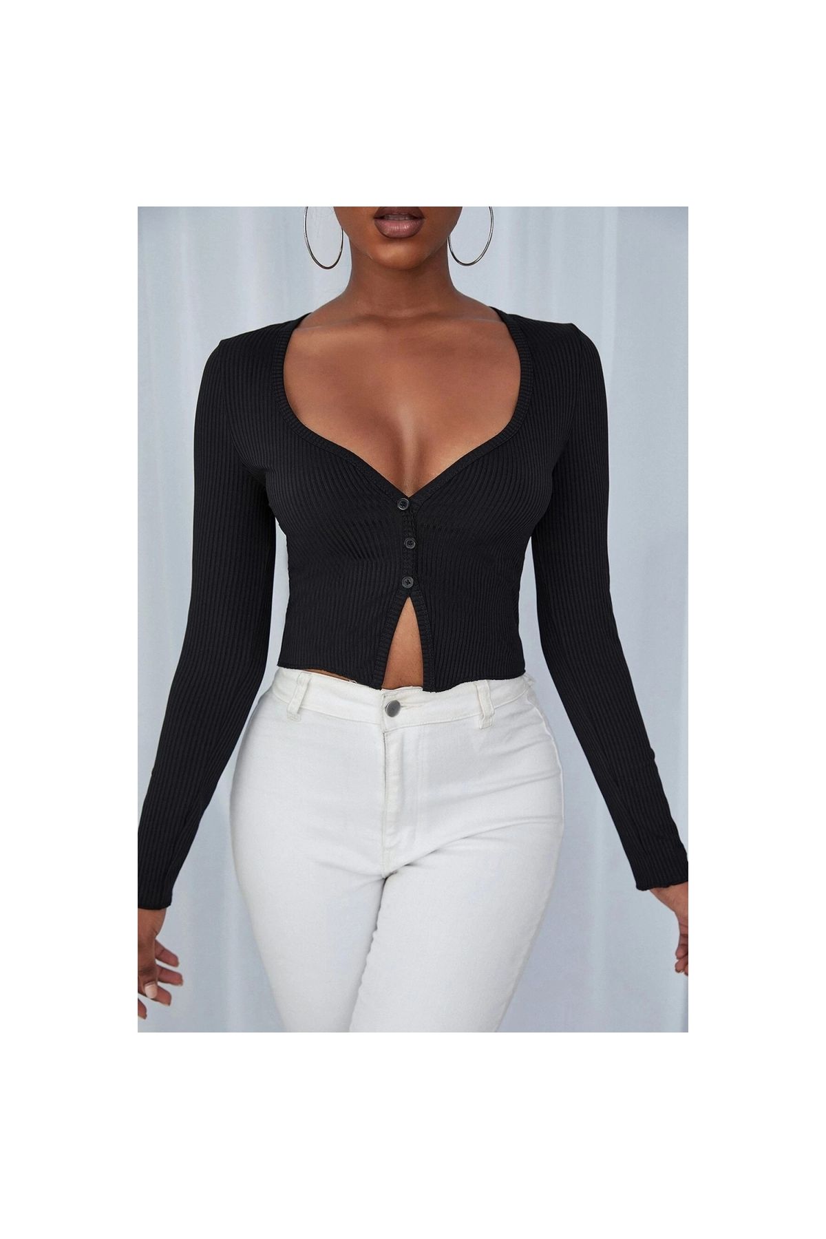 Marsilyan - Kadın Siyah Uzun Kollu Düğmeli Göğüs ve Göbek Dekolteli Crop Top Bluz