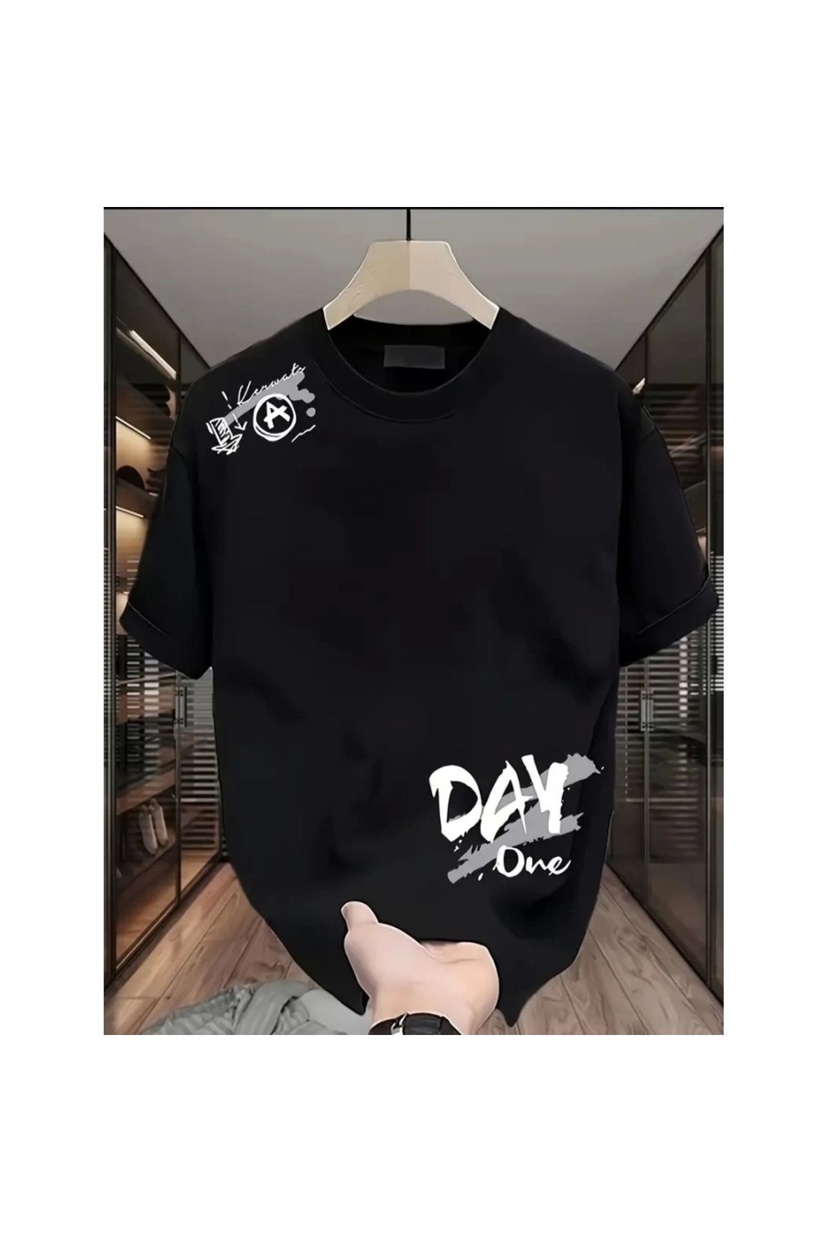Marsilyan - Baskılı Oversize Bisiklet Yaka Tshirt