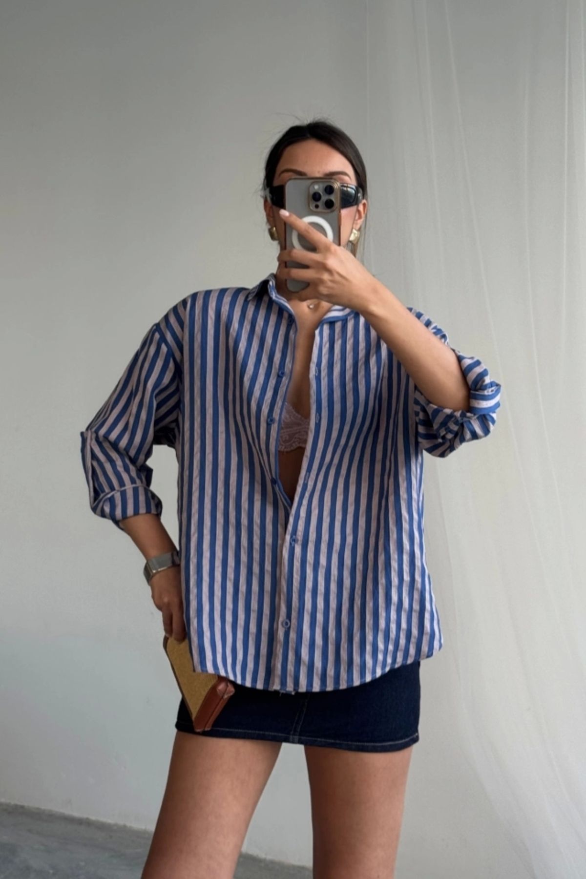 Butik ÇİZGİLİ GÖMLEK KETEN - Lacivert
