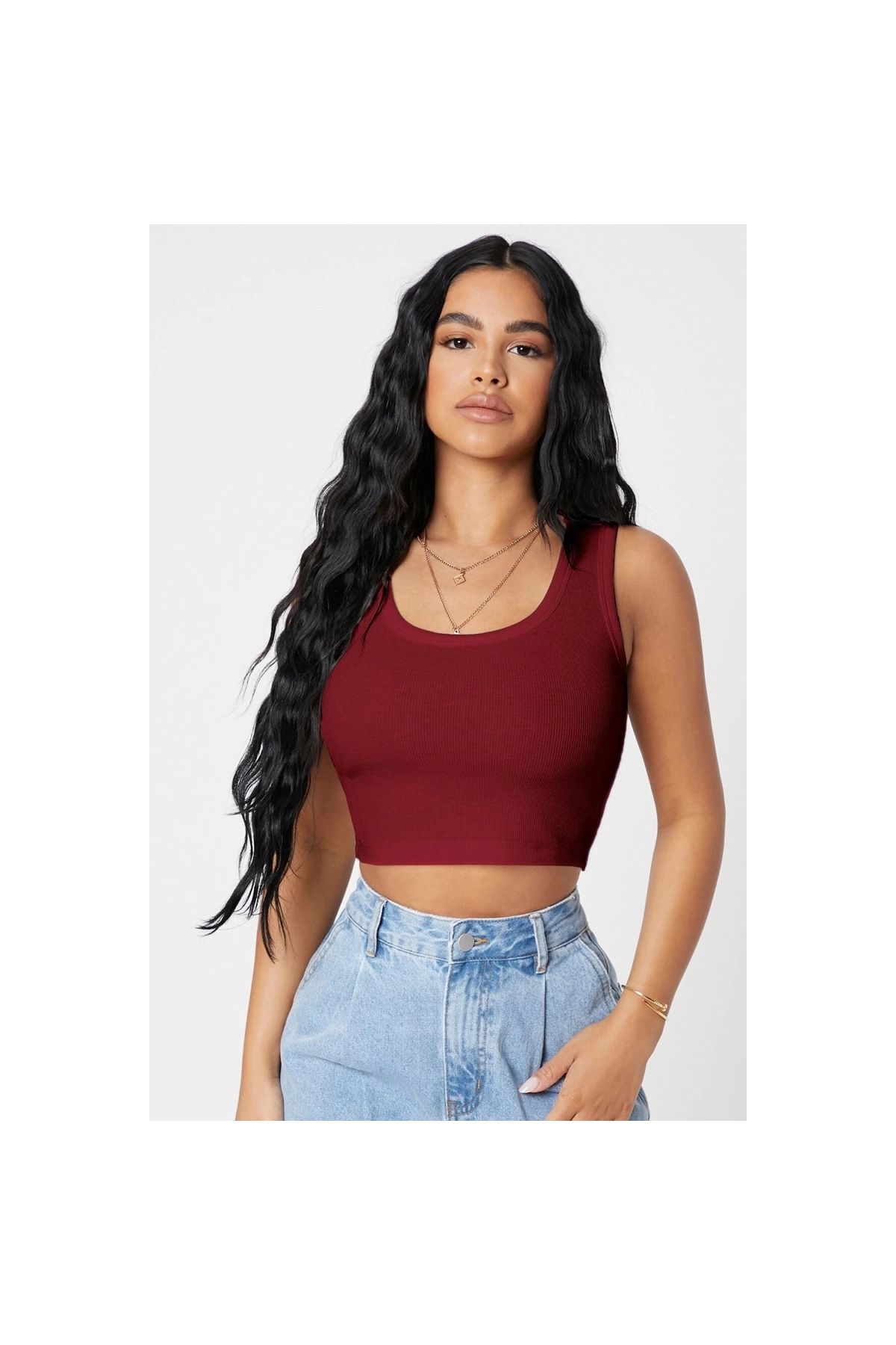 Marsilyan - Kadın Bordo Kare Yaka Crop Top Bluz