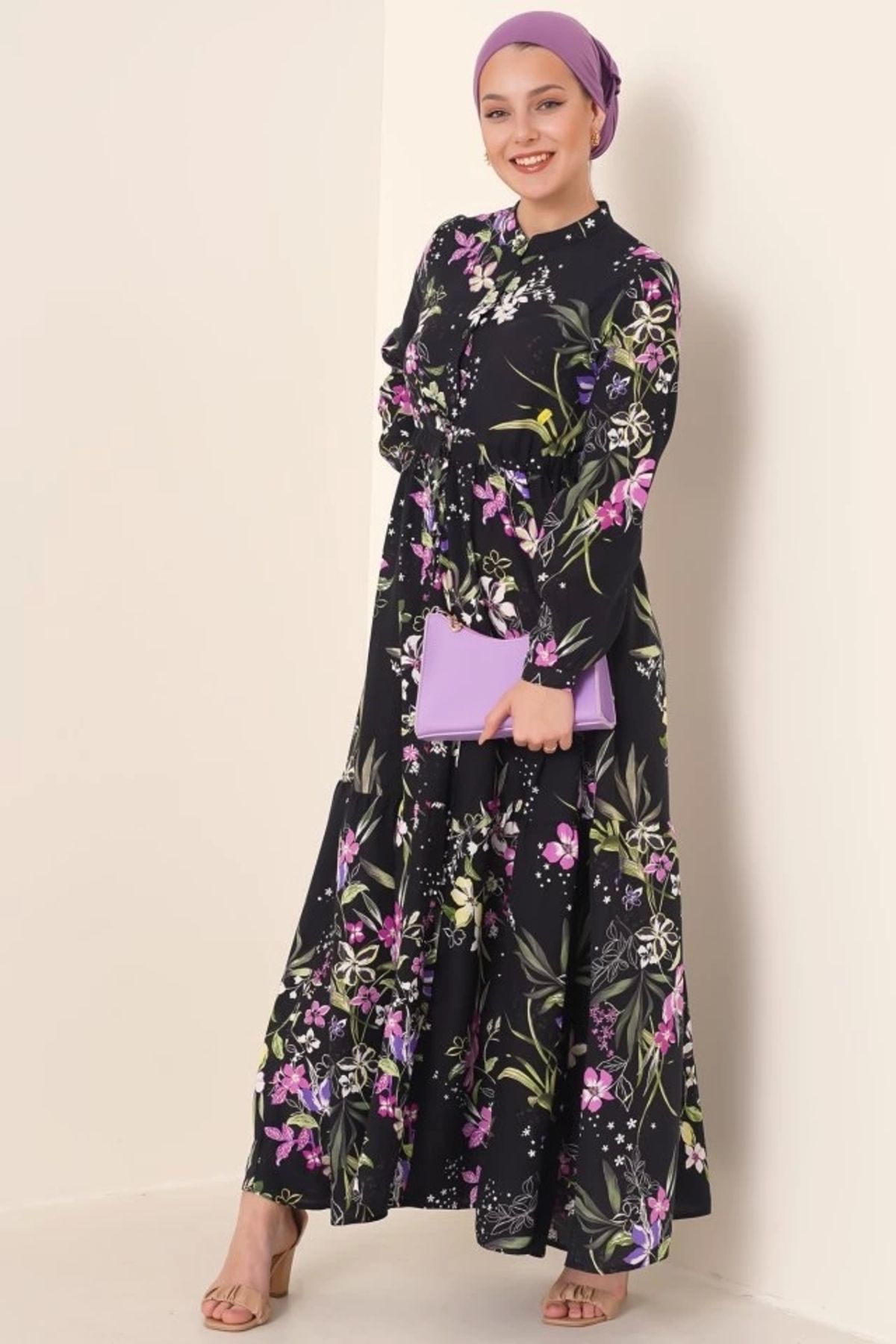 Butik 2144 Hakim Yaka Tesettür Elbise - Siyah