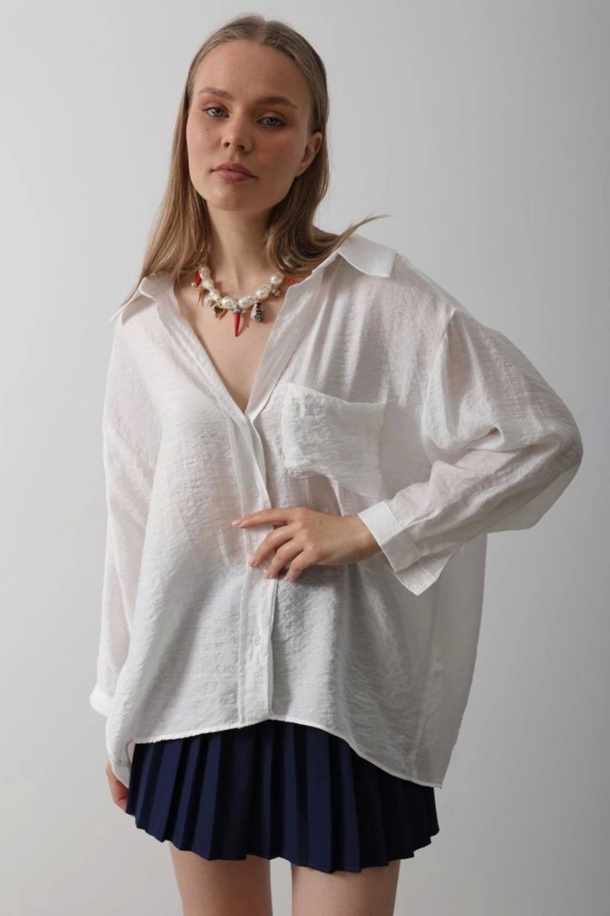 Butik Cepli Oversize Gömlek - Beyaz