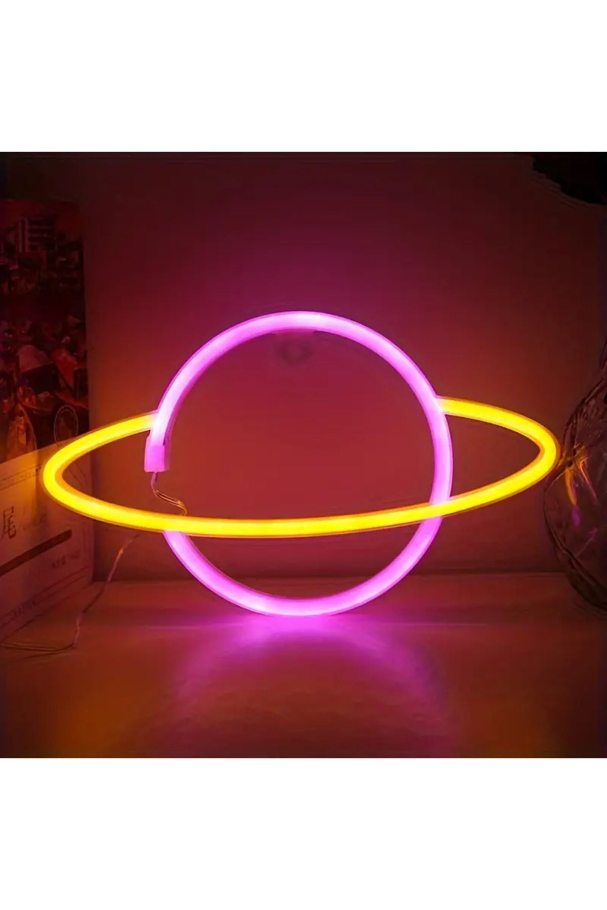 ada çanta kırtasiye Satürn neon ışık gece lambası ister pilli ister usb kullanım pembe/sarı