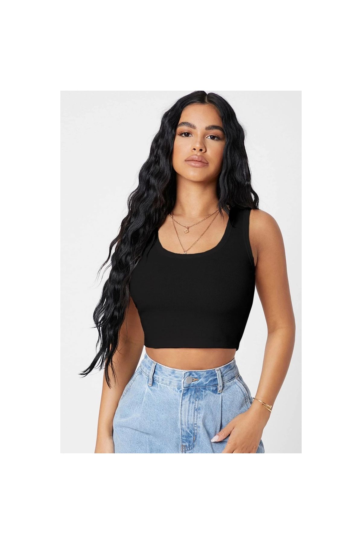 Marsilyan - Kadın Siyah Kare Yaka Crop Top Bluz