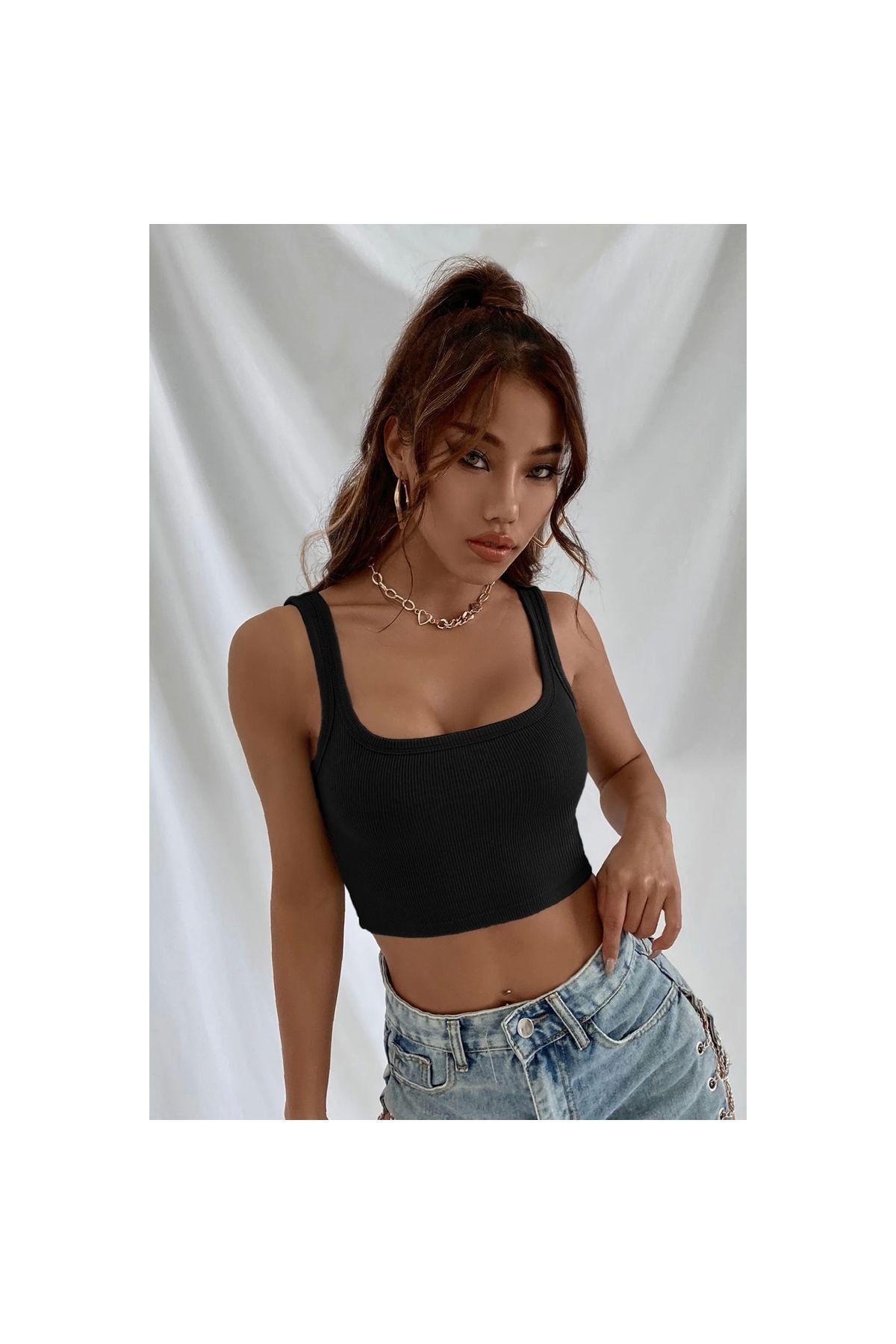 Marsilyan - Kadın Siyah Kalın Askılı Crop Top Büstiyer