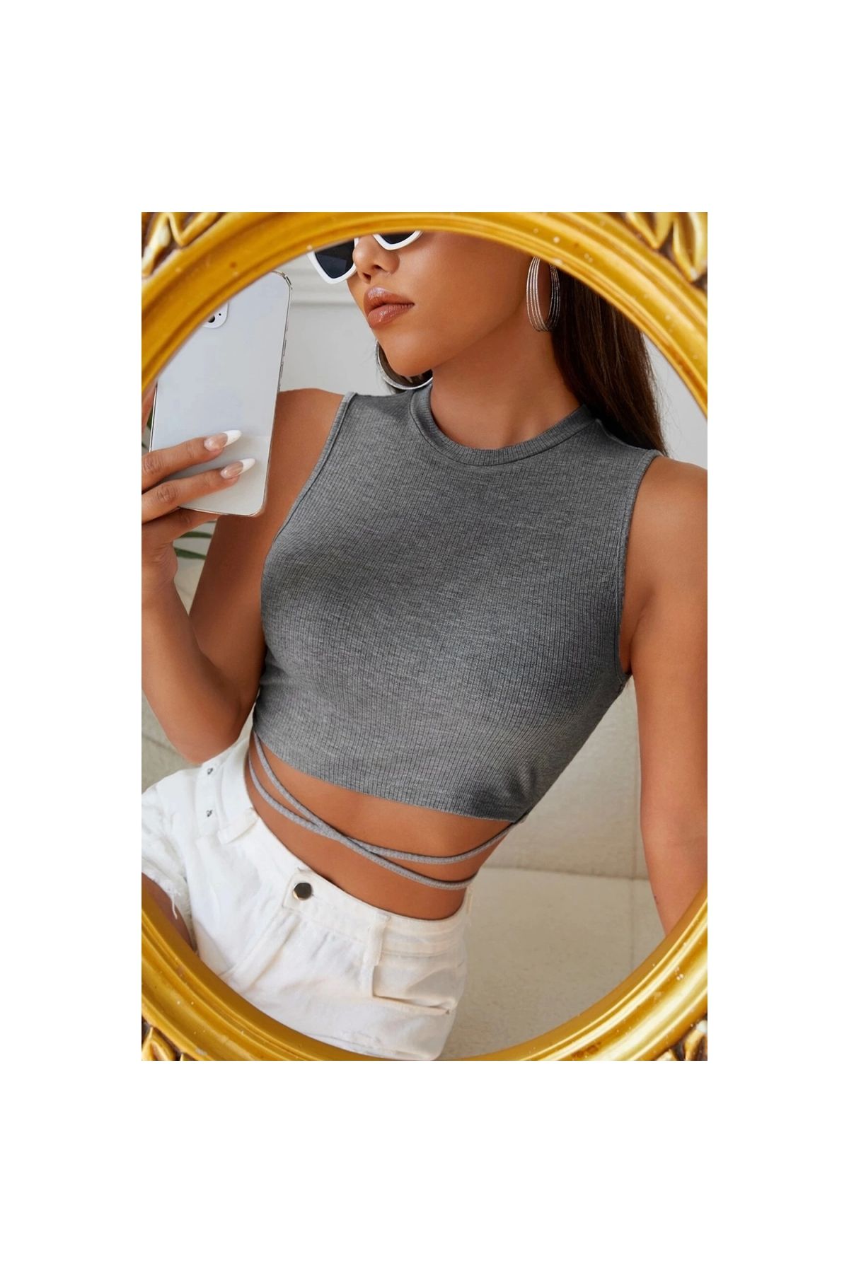 Marsilyan - Kadın Gri Çapraz Bağlamalı Crop Top Büstiyer
