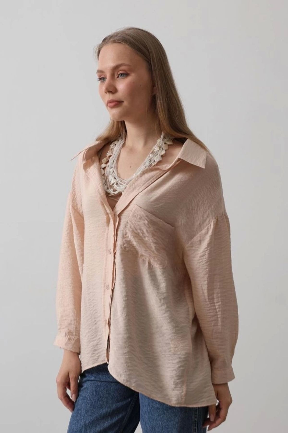 Butik Cepli Oversize Gömlek - Taş
