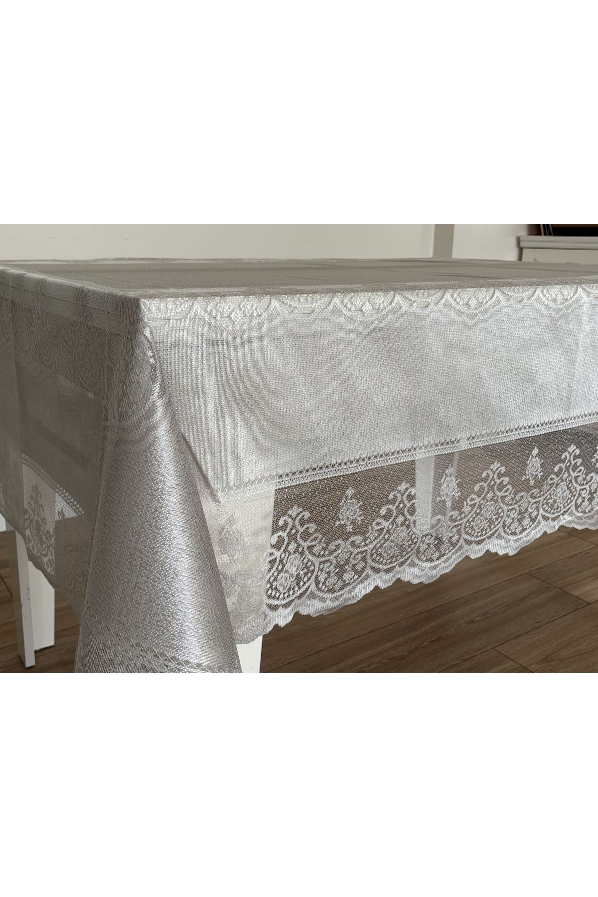 Home Dertsiz Dantelli Tül Leke Tutmaz Masa Örtüsü 160x220 Cm,8 kişilik,Gri