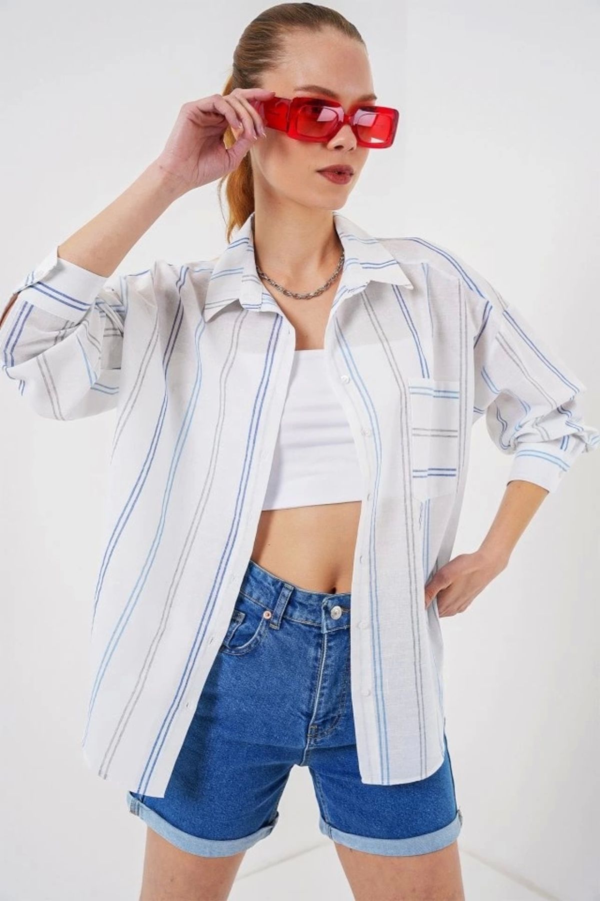 Butik Çizgili Oversize Gömlek 20278 - Beyaz