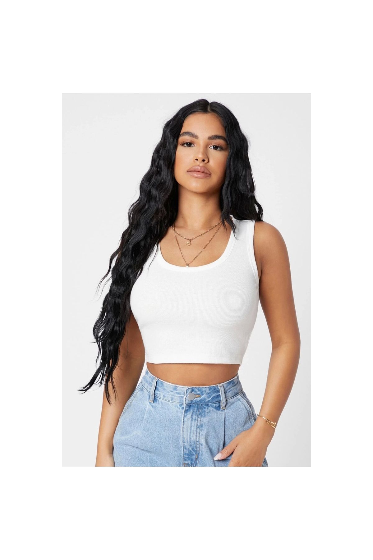 Marsilyan - Kadın Beyaz Kare Yaka Crop Top Bluz