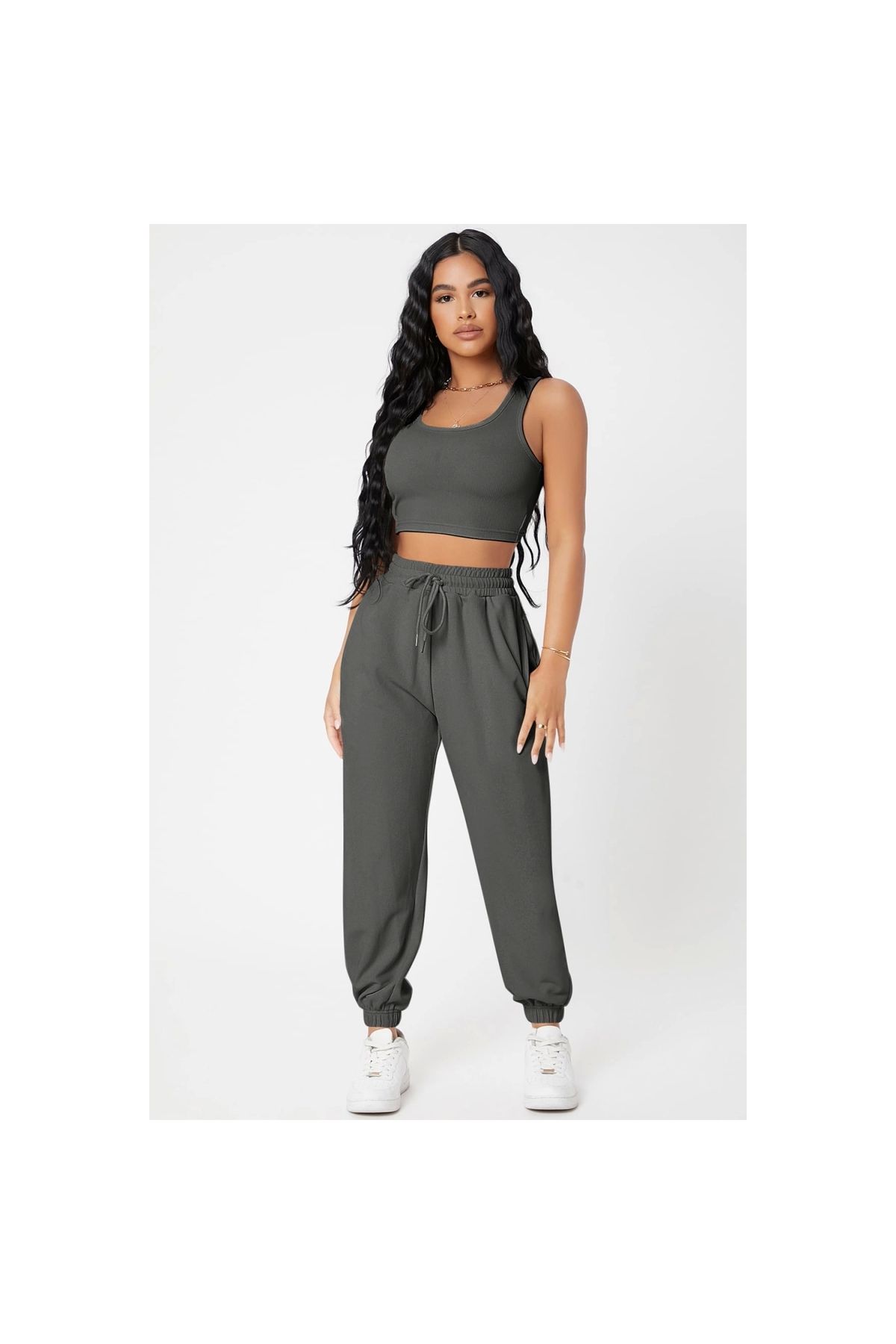Marsilyan - Kadın Antrasit Gri Kaşkorse Cepli Jogger Eşofman Altı ve Crop Top Bluz
