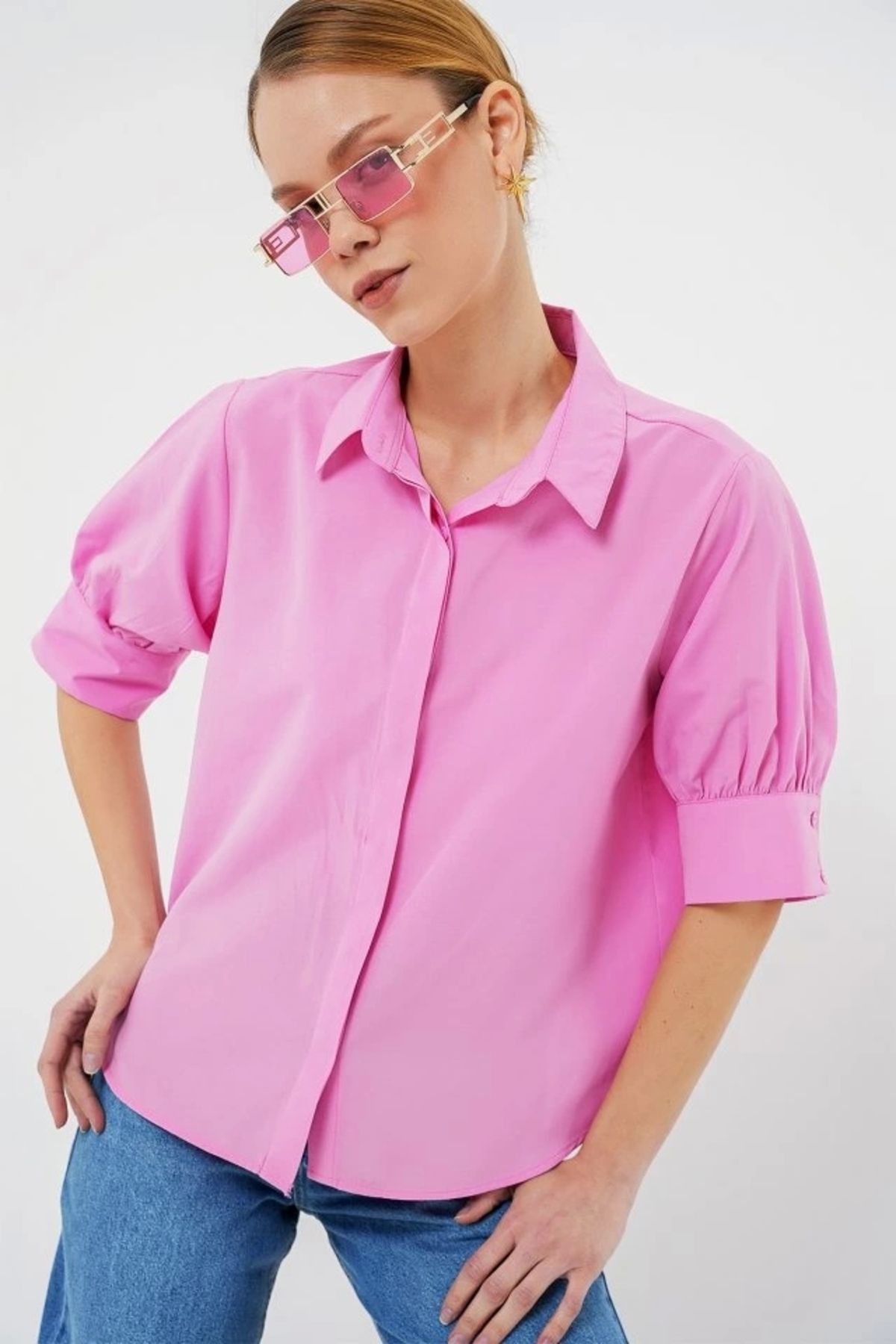 Butik Kısa Kol Gömlek 20312 - Pembe