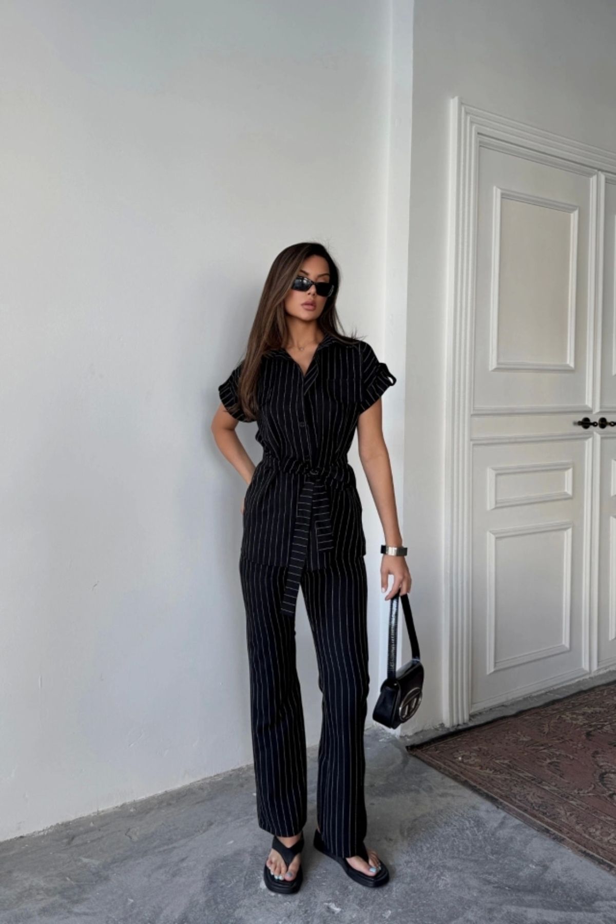 Butik ÇİZGİLİ POLYVİSKON BLUZ - PANTOLON TAKIM - Siyah