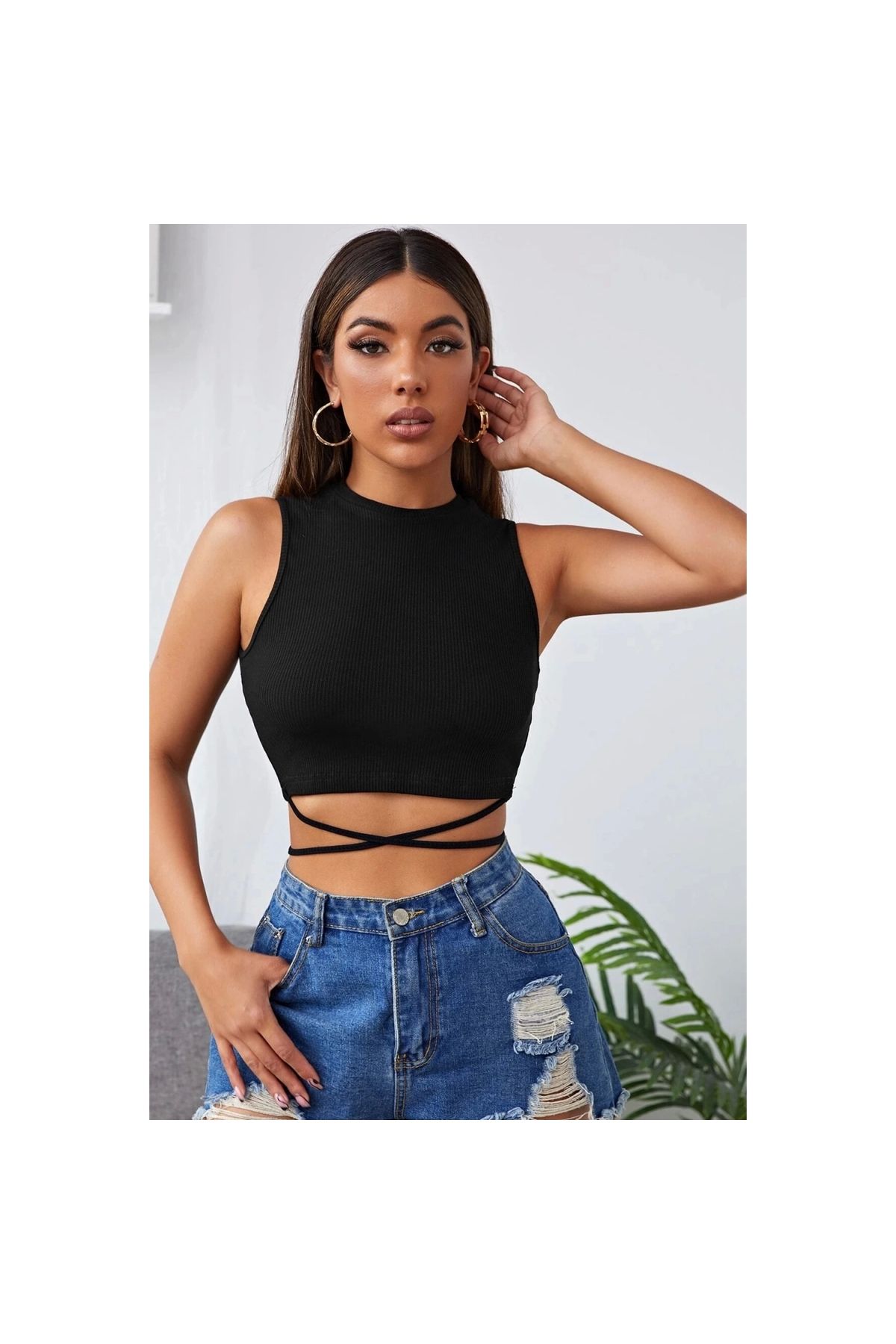Marsilyan - Kadın Siyah Çapraz Bağlamalı Crop Top Büstiyer