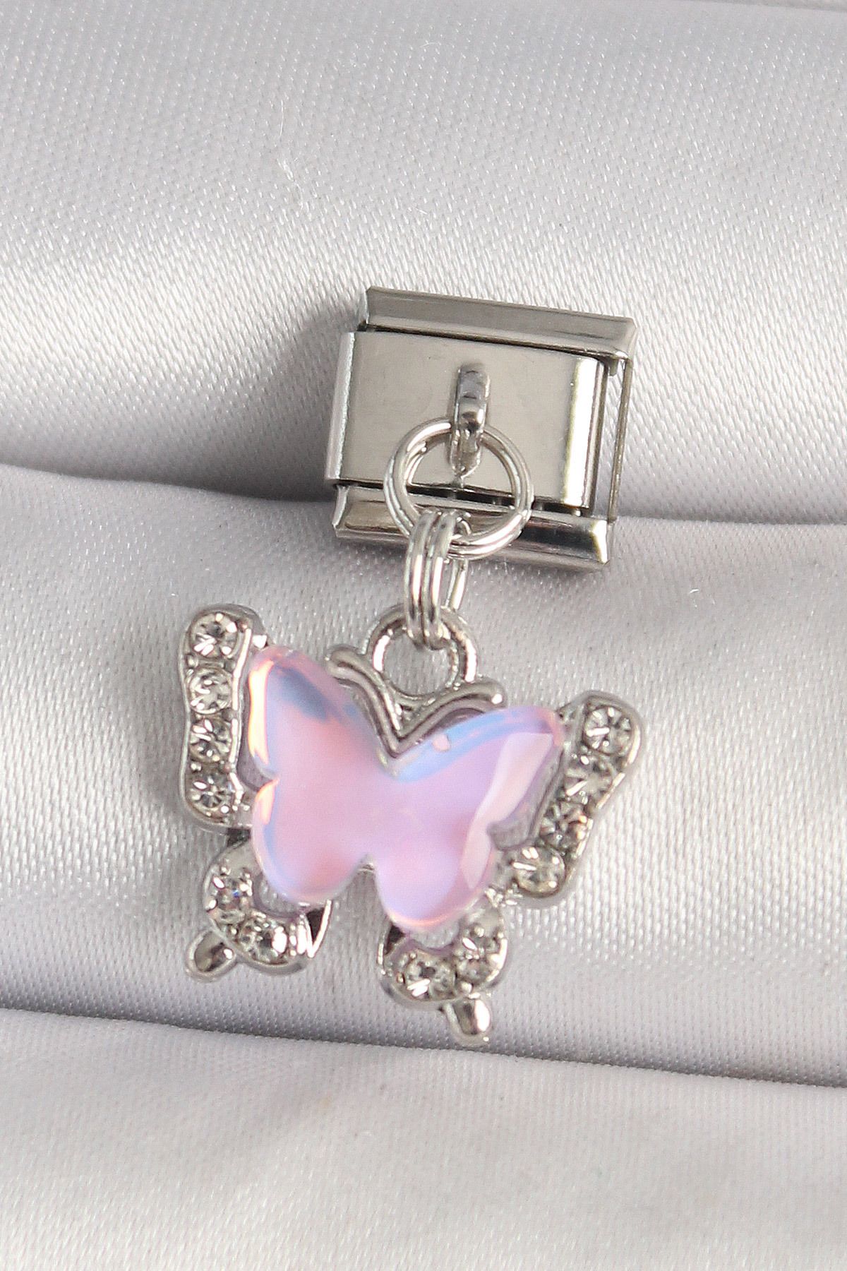 callerrons accessories Gümüş Renk Zirkon Taşlı Pembe Kelebek Model Nomination Charm - EBJ250501W32958