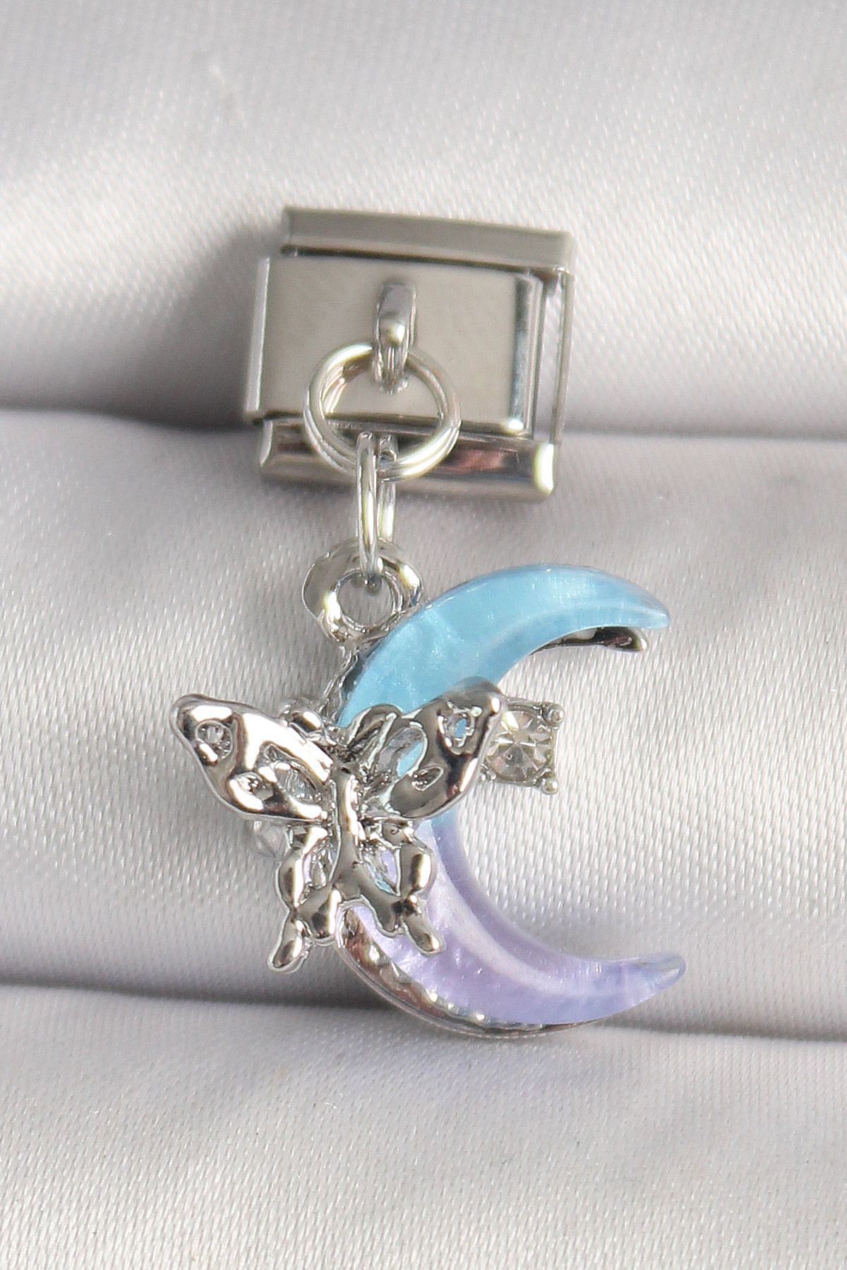 callerrons accessories Gümüş Renk Mor Mavi Mix Mineli Hilal Kelebek Figür Zirkon Taş Detaylı Nomination Charm