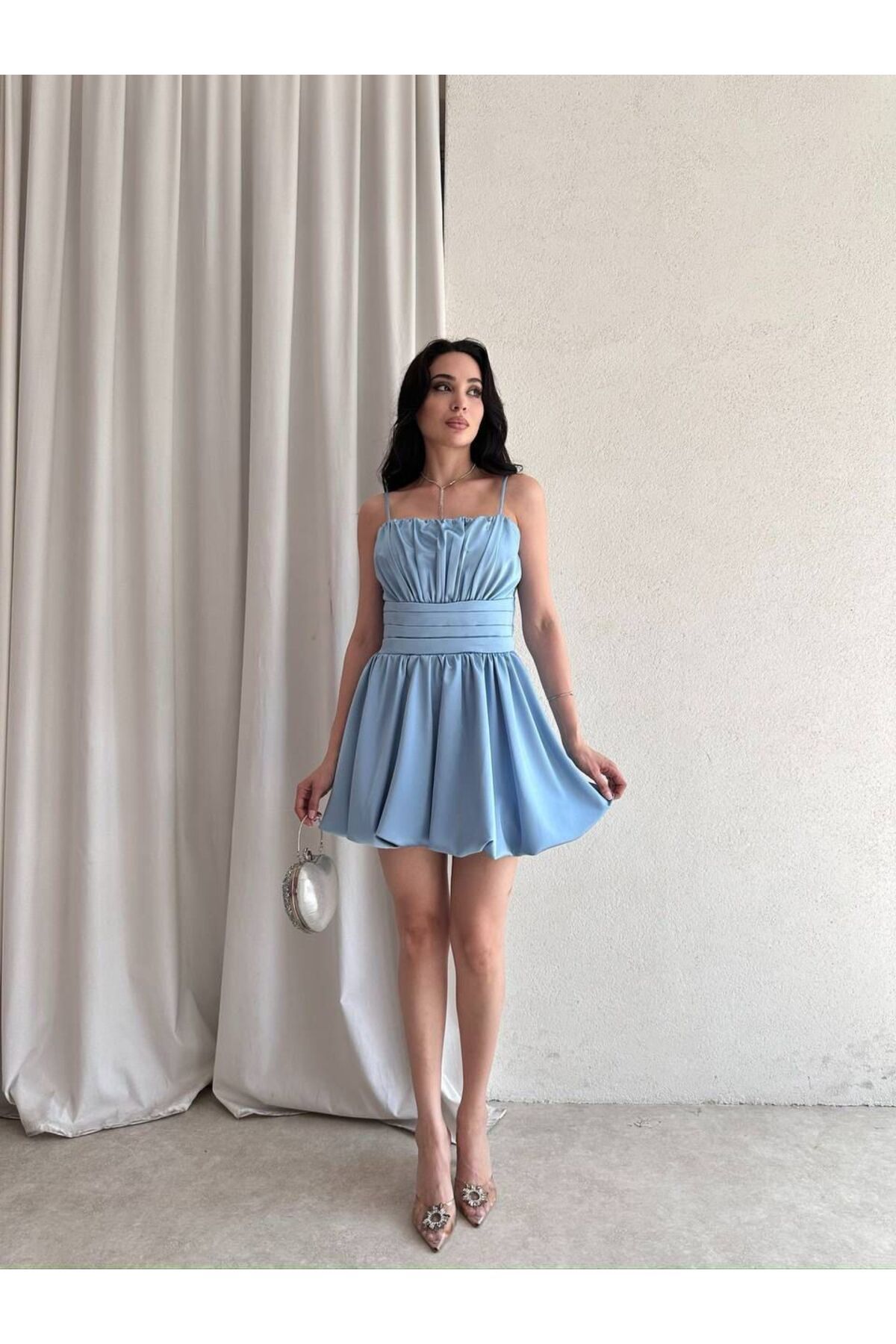MAXMOOR Kadın Mavi Saten Mini Elbise