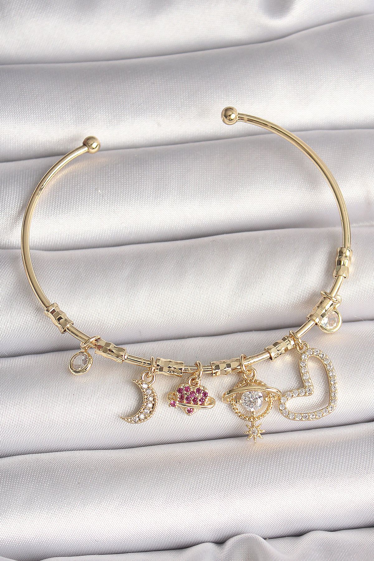 callerrons accessories Pirinç Gold Renk Zirkon Taşlı Sallantı Gezegen Model Yıldız Detay Charm Kadın Bileklik - EBJ250501W3