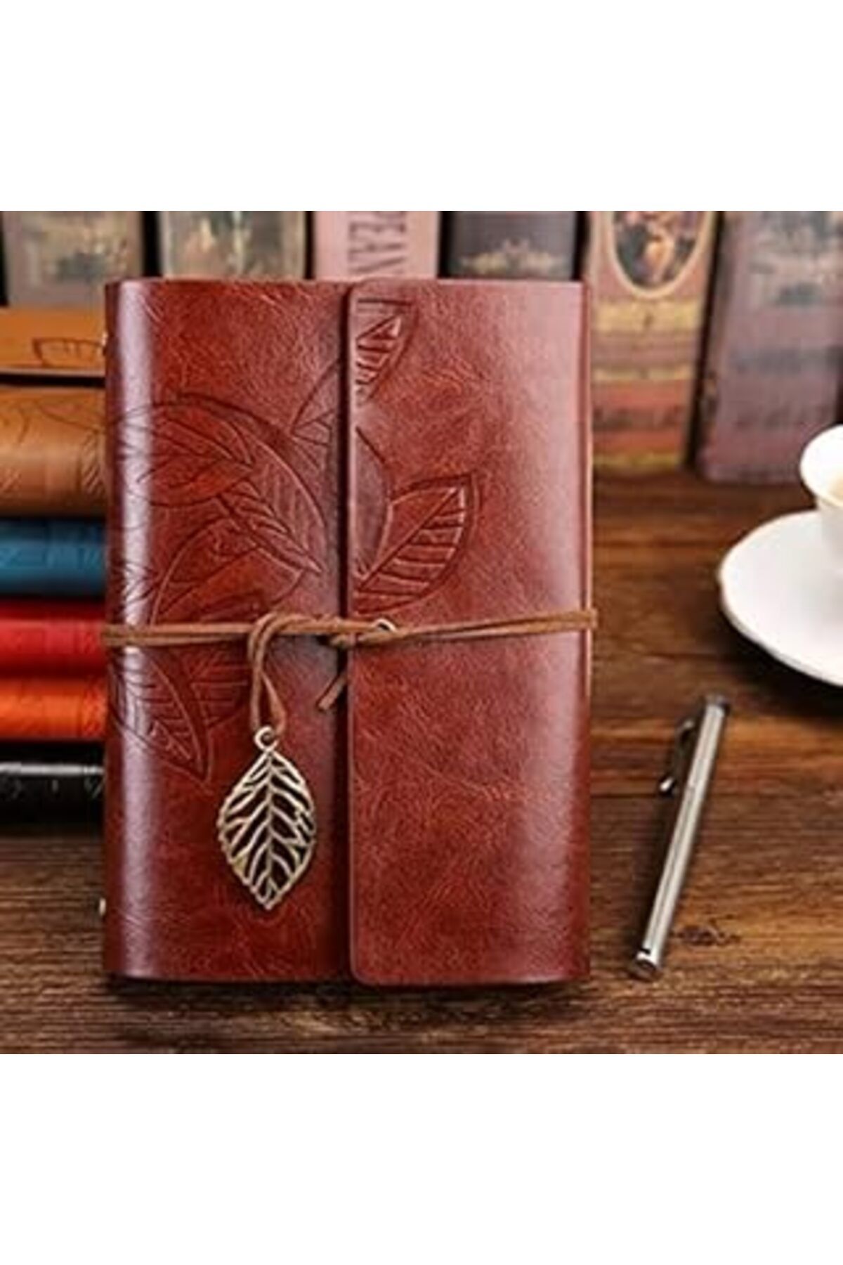 NZM TİCARET Yaprak Desenli Kahverengi Deri Defter Dekoratif Hediyelik
