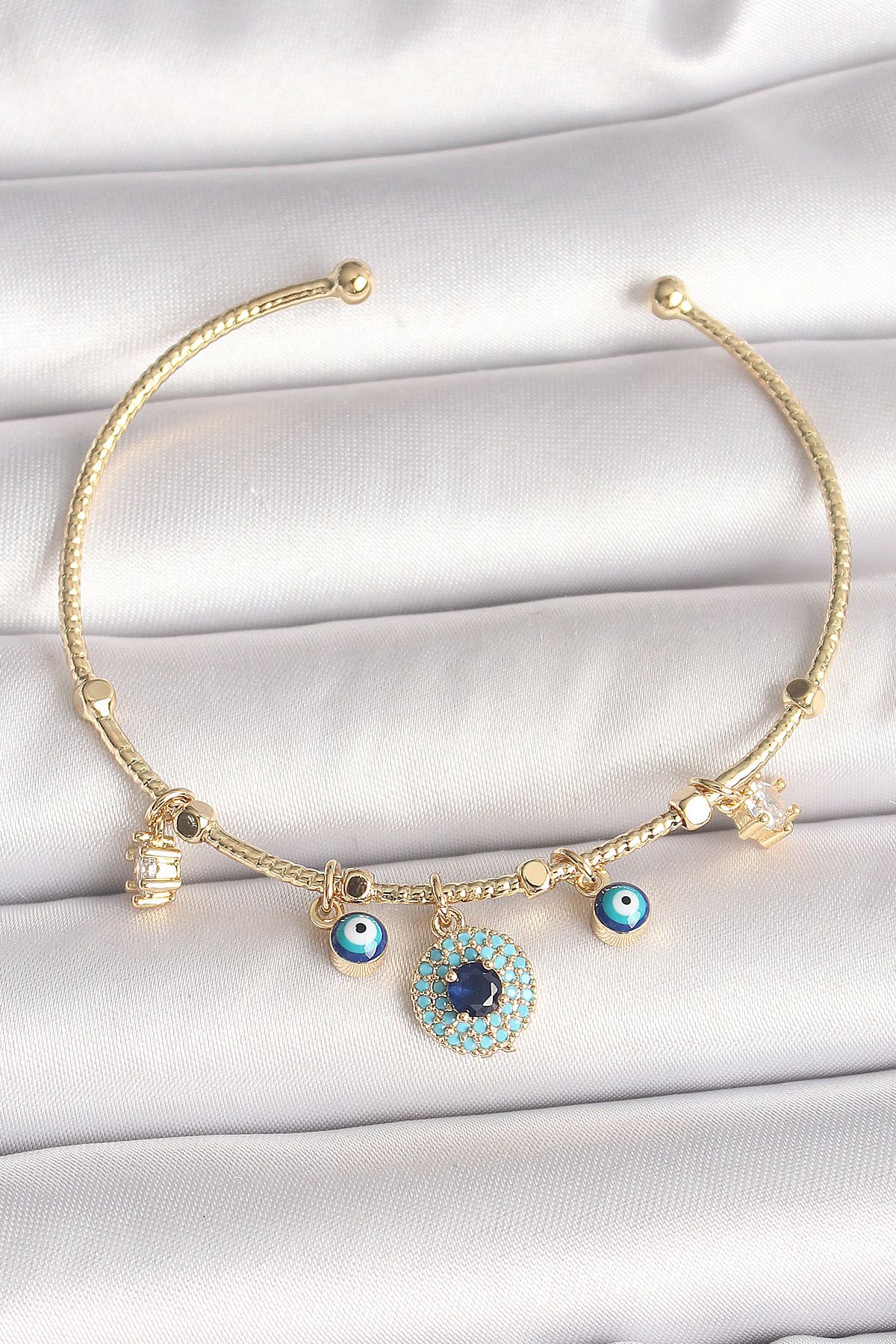 callerrons accessories Pirinç Gold Renk Zirkon Taşlı Nazar Boncuk Detay Charm Kadın Bileklik - EBJ250501W32805