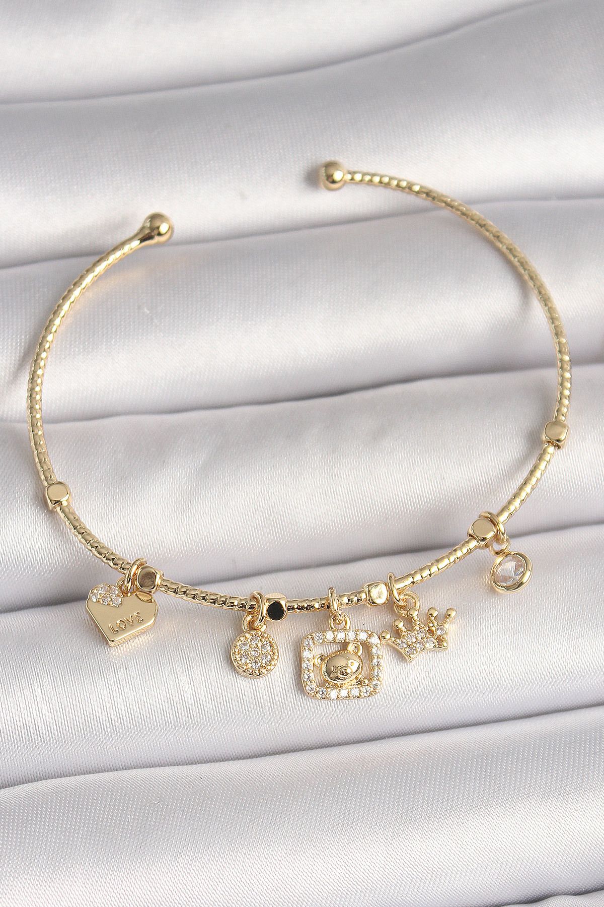 callerrons accessories Pirinç Gold Renk Sallantı Zirkon Taşlı Ayıcık Figür Taç Detay Charm Kadın Bileklik - EBJ250501W33502