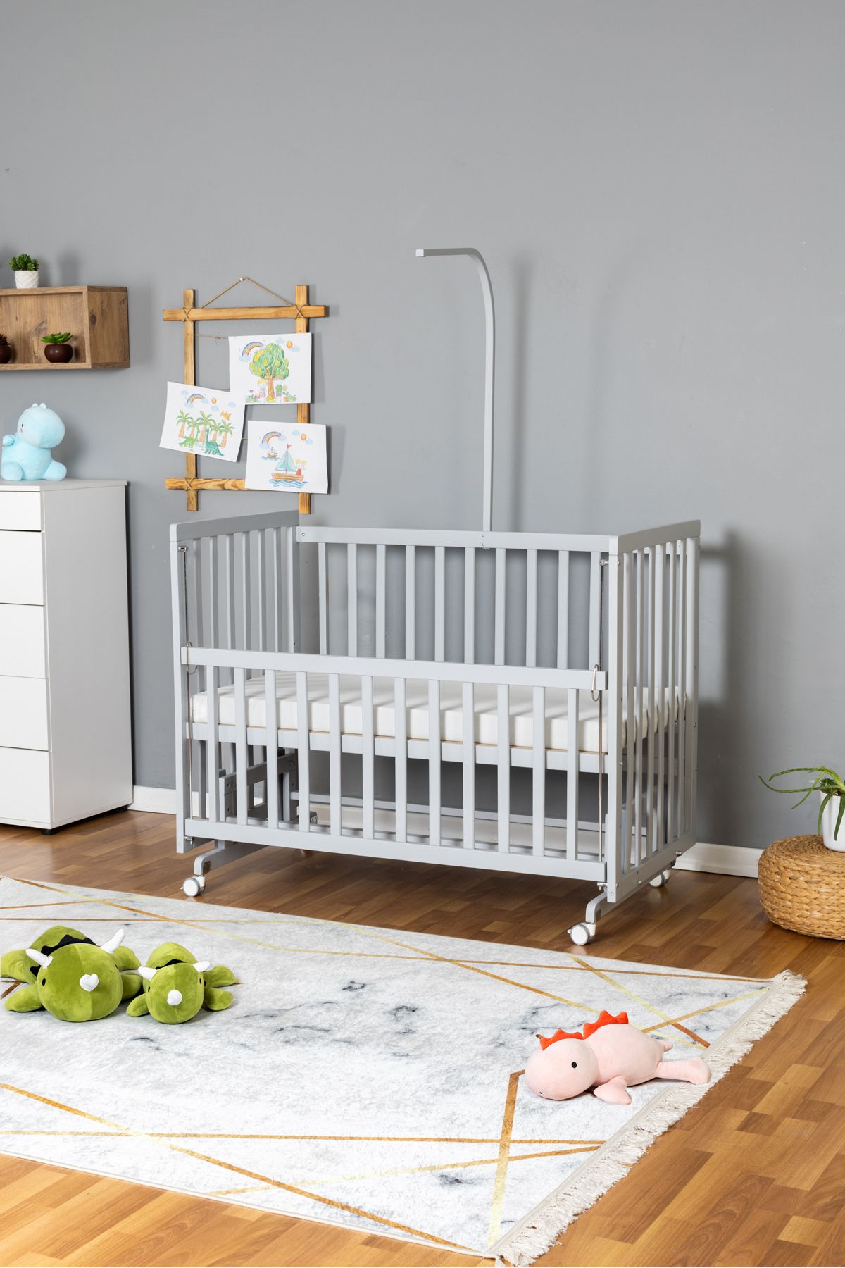 Bamgidoo Doğal Ahşap Beşik Anne Yanı Beşik Gri 70x130 - Uyku Setsiz Tek Yataklı Tekerlekli