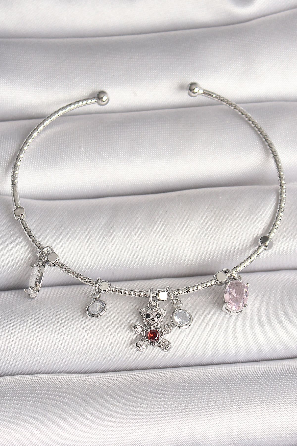 callerrons accessories Pirinç Gümüş Renk Sallantı Zirkon Taşlı Ayıcık Figür Kırmızı Taş Detay Charm Kadın Bileklik - EBJ250