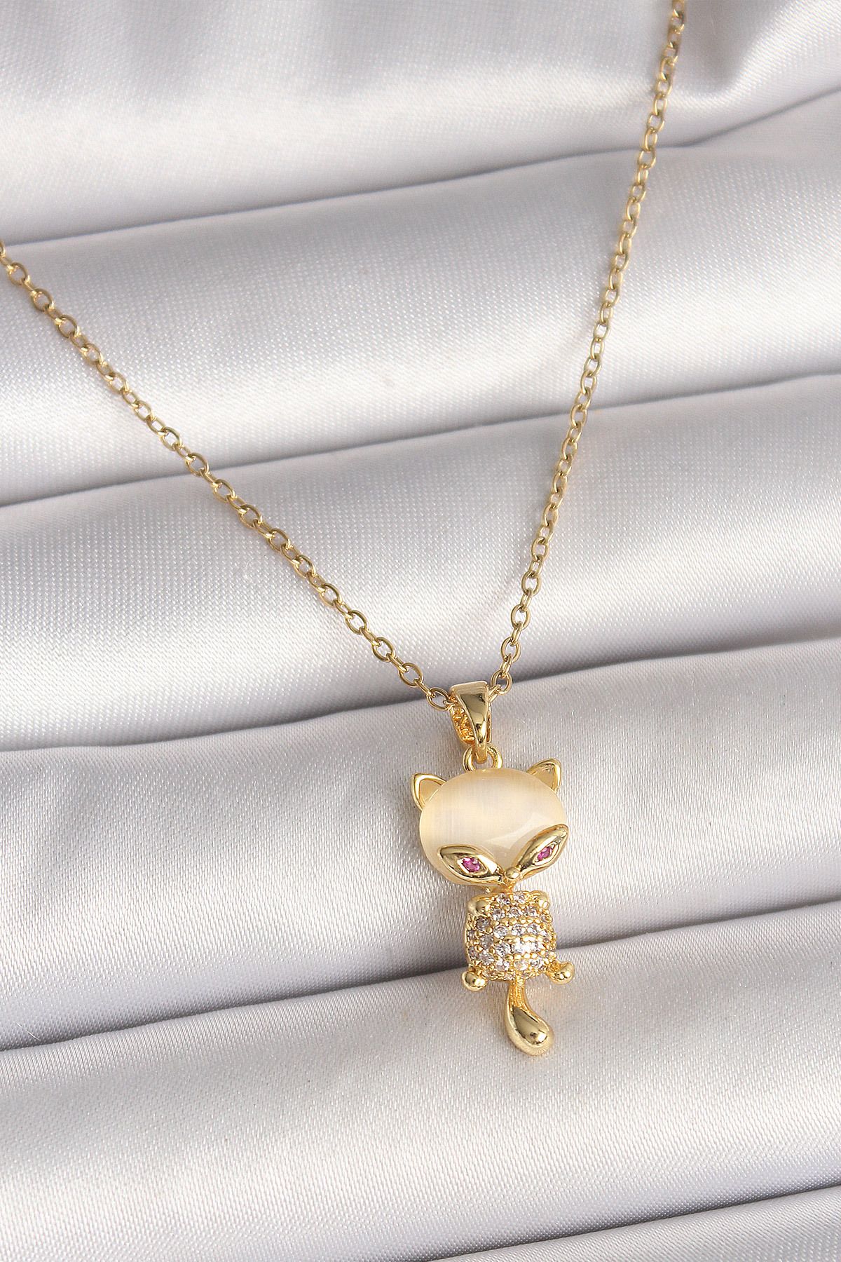 callerrons accessories Gold Renk Zincir Zirkon Taşlı Kedi Model Kadın Kolye - EBJ250501W32758
