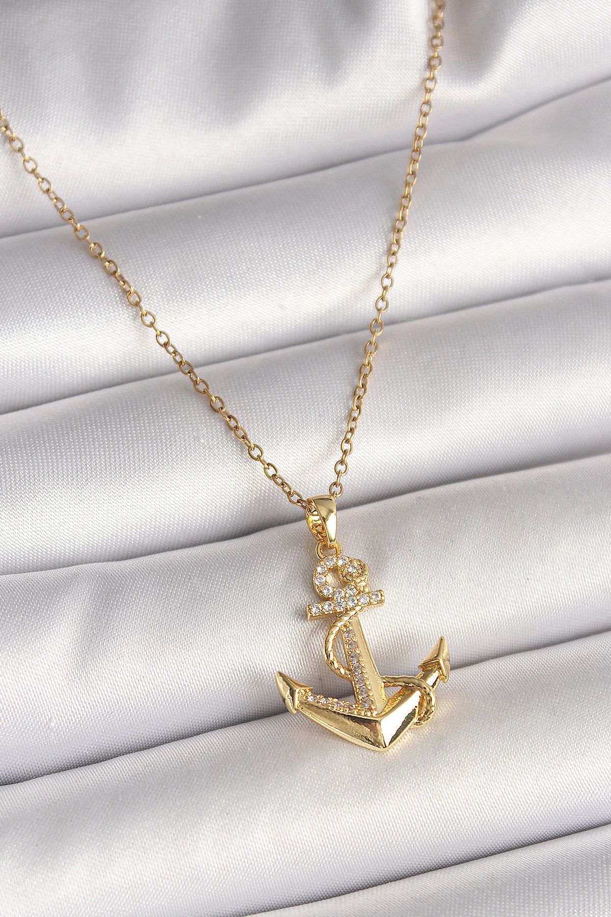 callerrons accessories Gold Renk Zincir Zirkon Taş Detaylı Çapa Model Kadın Kolye - EBJ250501W32728