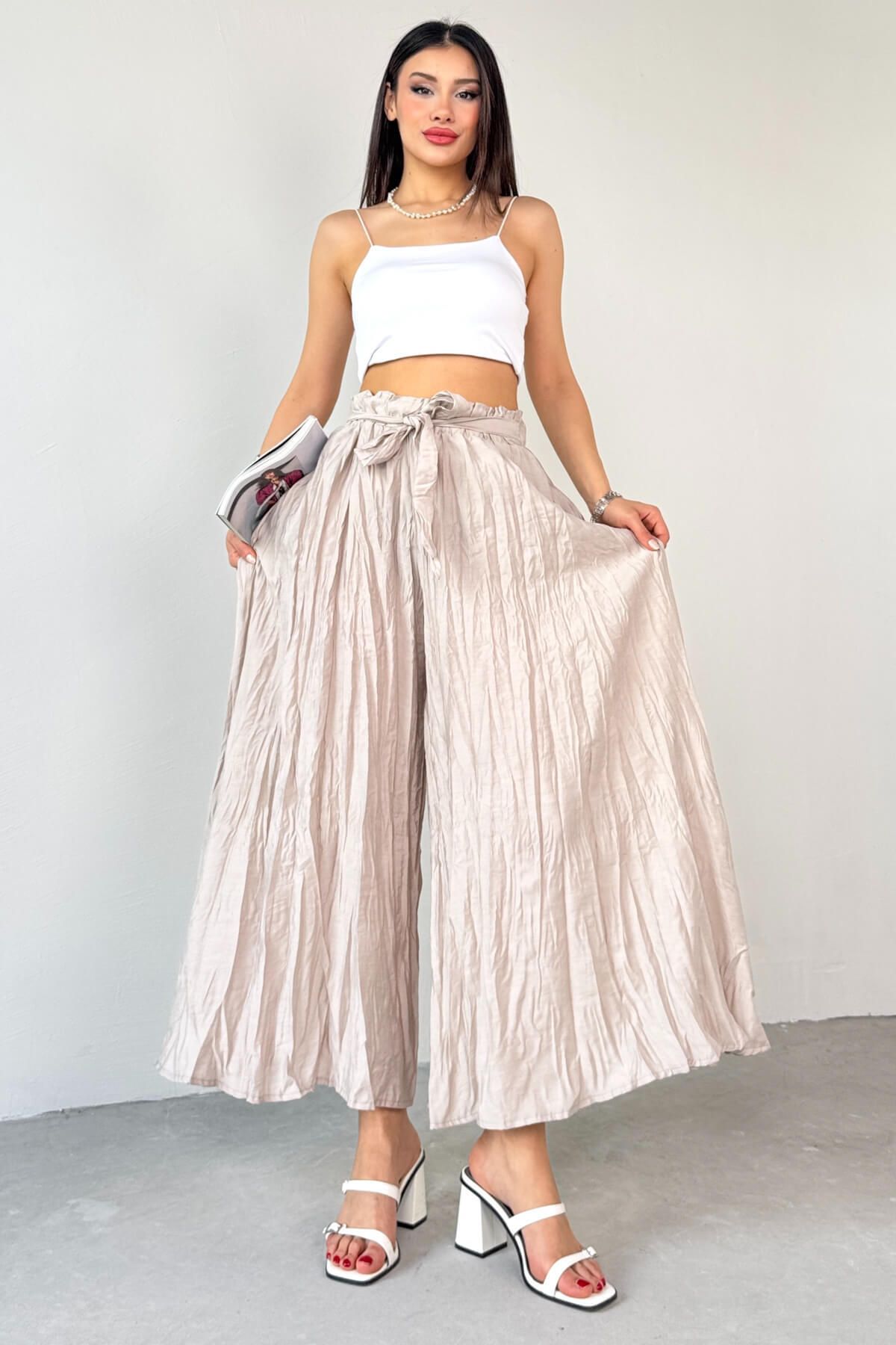 Cappmoda PNT-07415 Taş Rengi Bel Lastikli Buruşuk Kumaş Salaş Pantolon