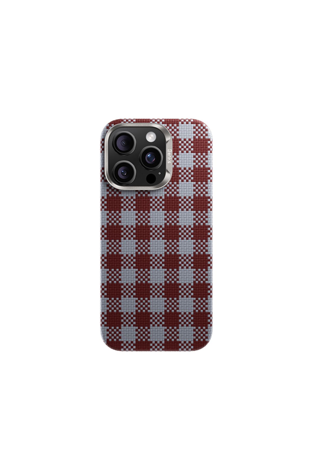 Benks iPhone 15 Pro Kılıf M-safe Özellikli Ekose Tasarımlı Benks ArmorVichy Kevlar Kapak Kırmızı