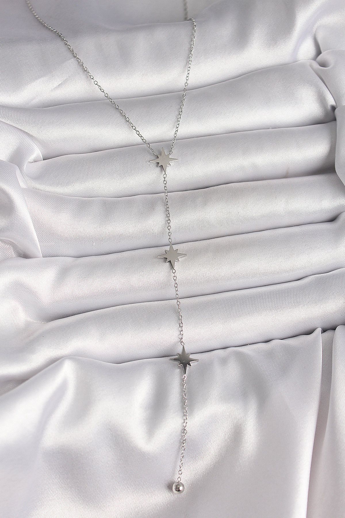 callerrons accessories Gümüş Renk Yıldızlı Model Topçuk Detay Kadın Y Kolye - EBJ250501W33472