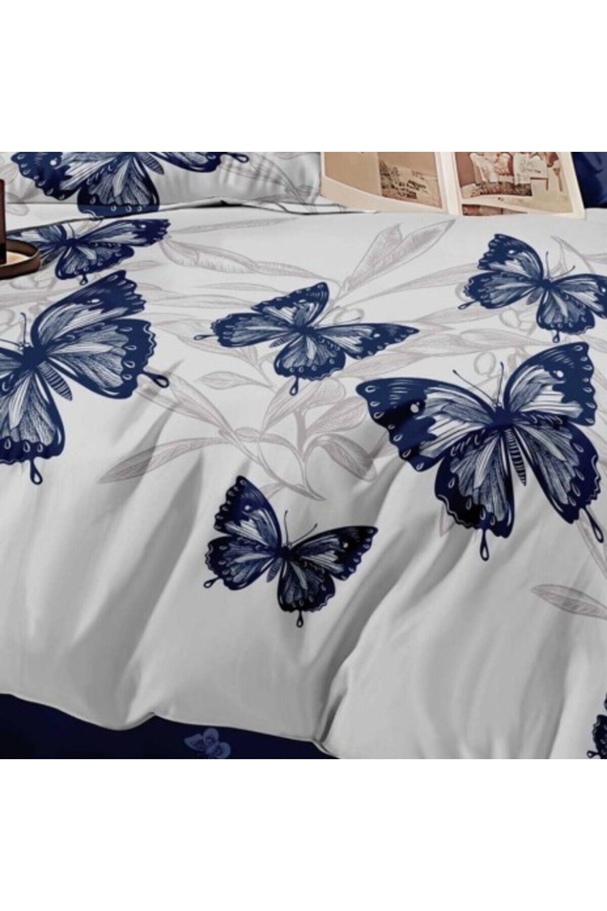 Pucioasa-Bed Linen Set from Satin Flannel with Elastic, Duvet Cover 200x220cm, 6 Pieces, Blue Butterflies 2