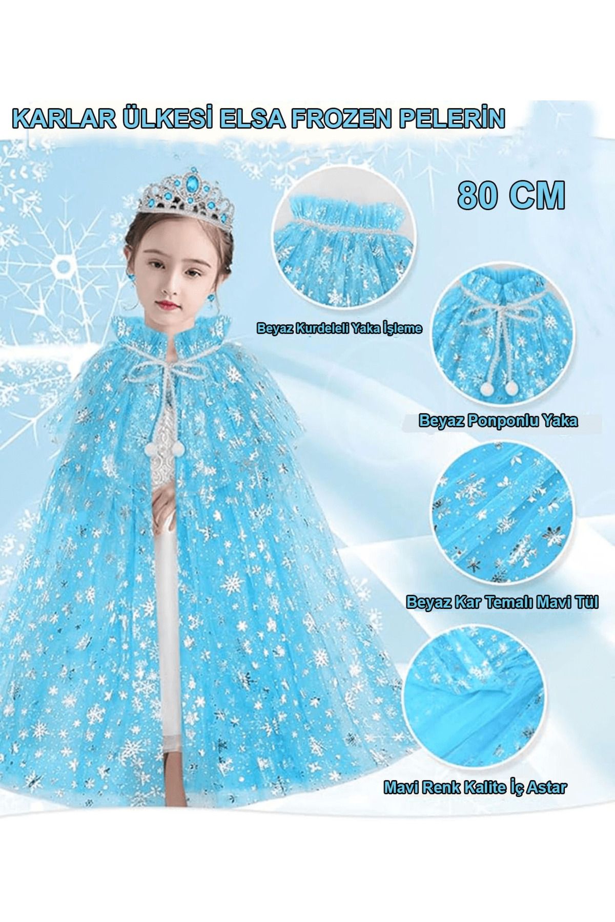 HobiDünyasıElif Karlar Ülkesi Elsa Frozen Mavi Pelerin – 80 Cm Kar Desenli Çocuk Pelerini ( Taç Hariç ) - Lisinya