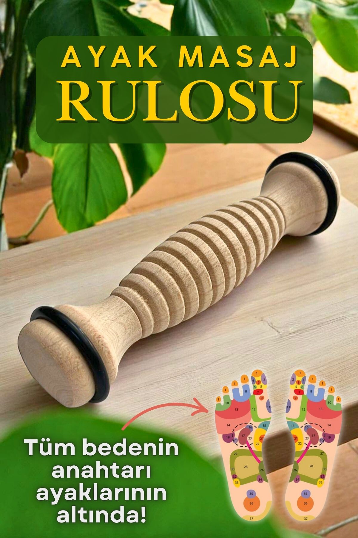 EM AMANOS BEAUTY Ahşap Ayak Masaj Rulosu - Wood Foot Roller - Stresi Azaltır ve Rahatlama Sağlar